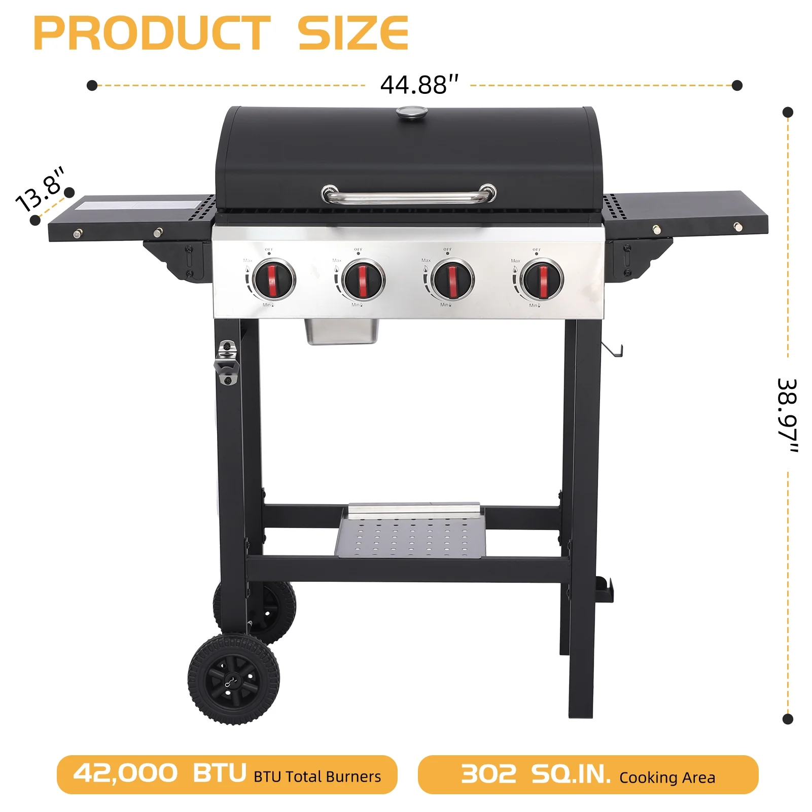 4 Burner Propane Gas Grill, 42,000 BTU Output Outdoor BBQ Grill with Cast Iron Grates and Versatile Mini Grill Pan, Perfect for Outdoor Cooking, Balcony, Backyard, Camping, Barbecue