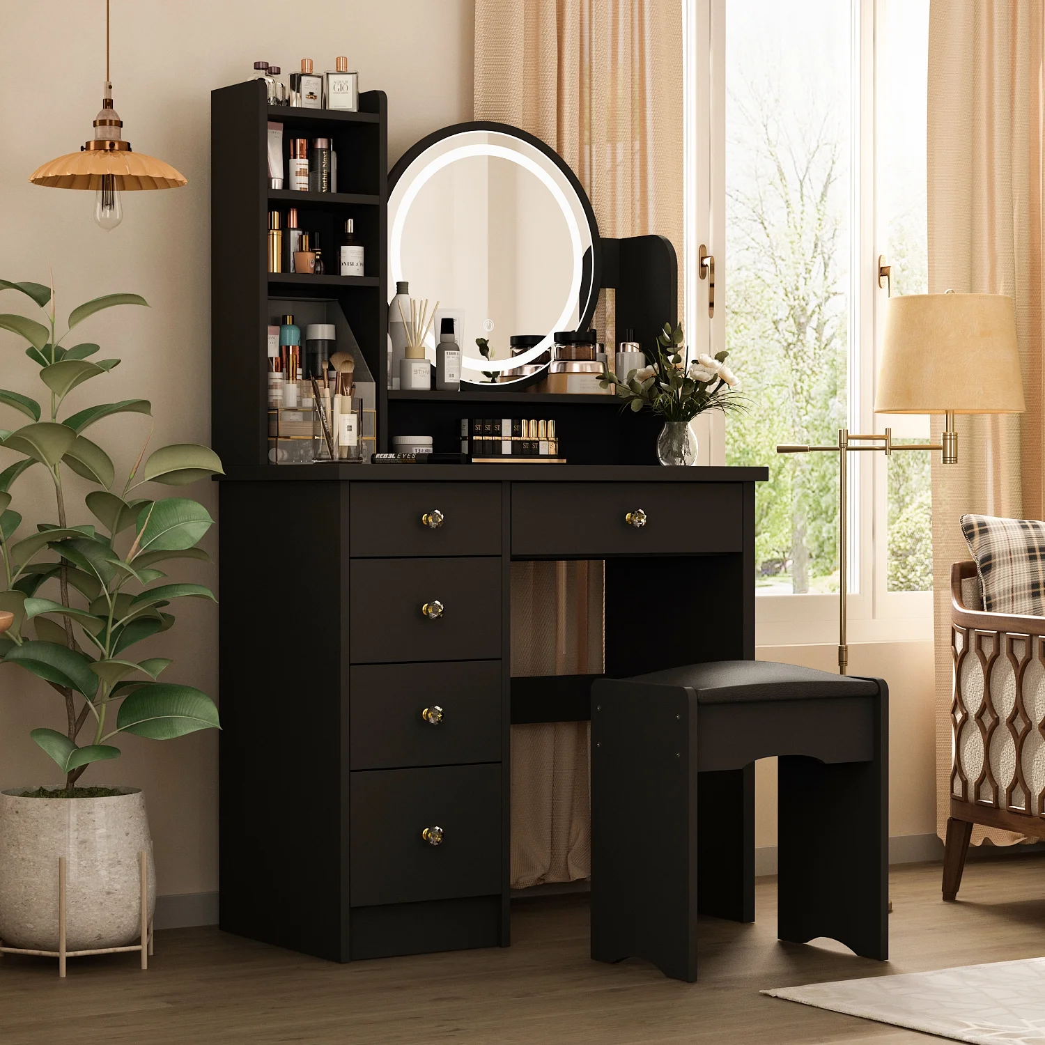 OXYLIFE Makeup Vanity Desk Table with Sliding LED Lighted Mirror, Cushion Stool, 4 Drawers and Shelves, White+Gray