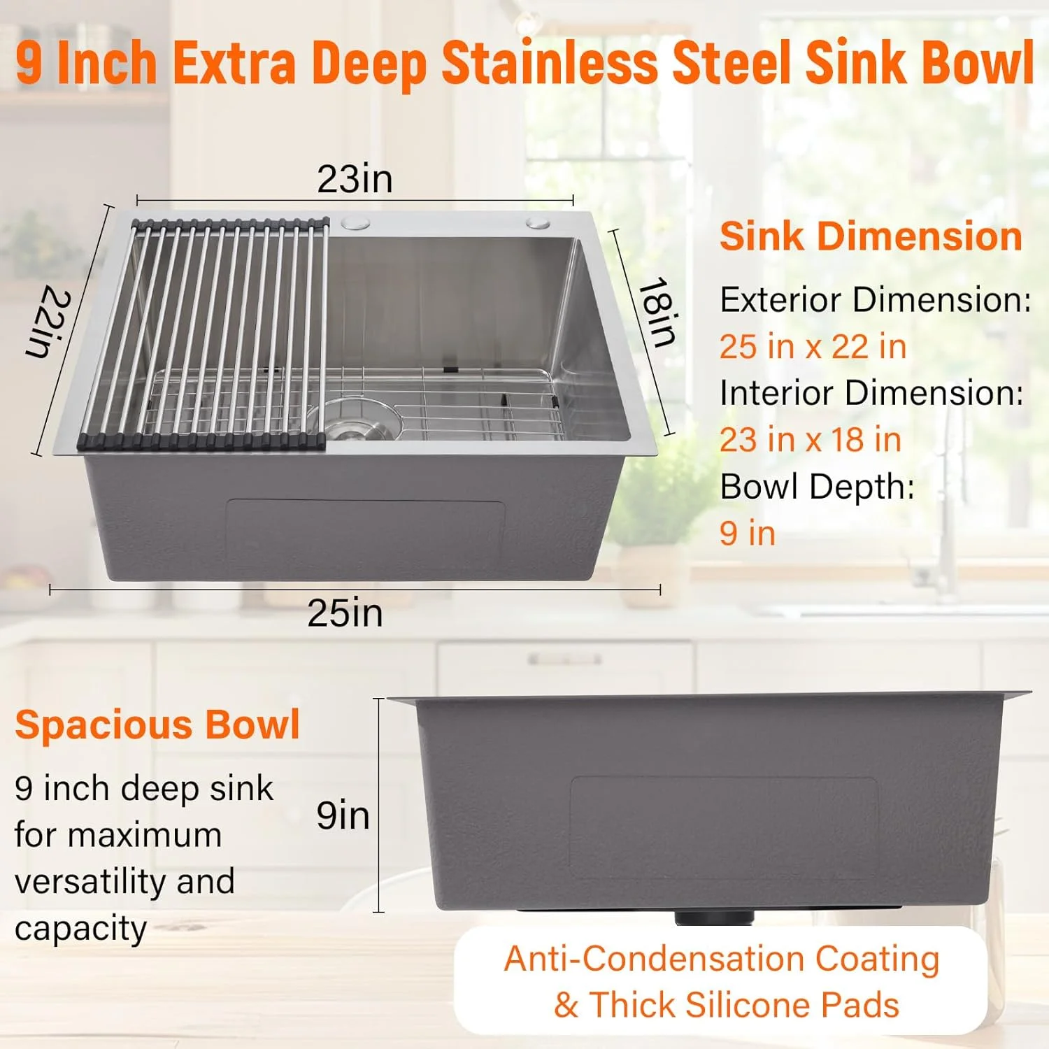 Garvee 33 x 22 Drop In Kitchen Sink, 16 Gauge Stainless Steel Topmount Deep Single Bowl Sink with Grid and Drain Strainer Set, Household Dishwasher Sinks for Workstation, RV, Prep Kitchen, Bar Sink