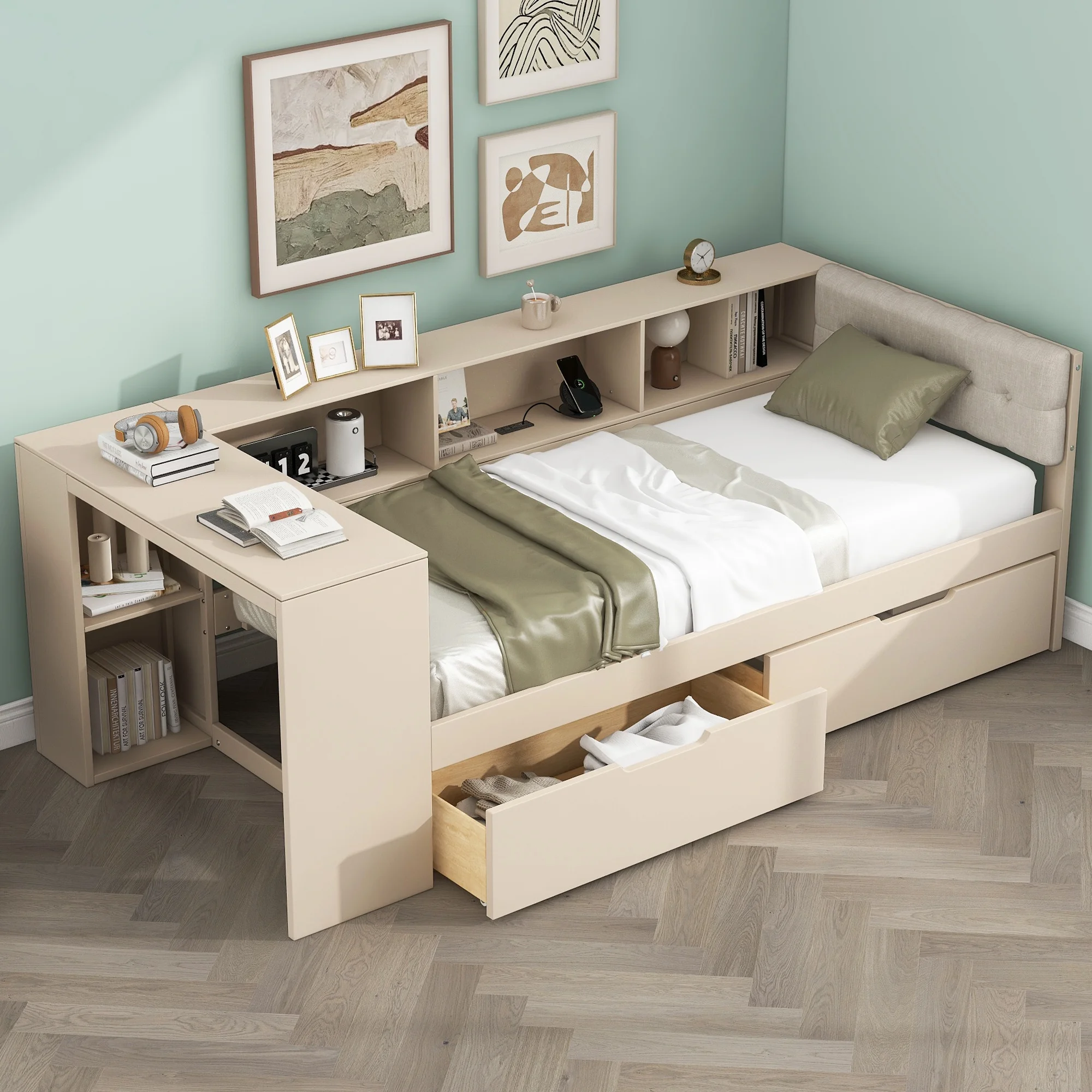 Euroco Wood Twin Size Platform Bed with Desk and Shelves, Drawers and USB Charging for Kids, Cream
