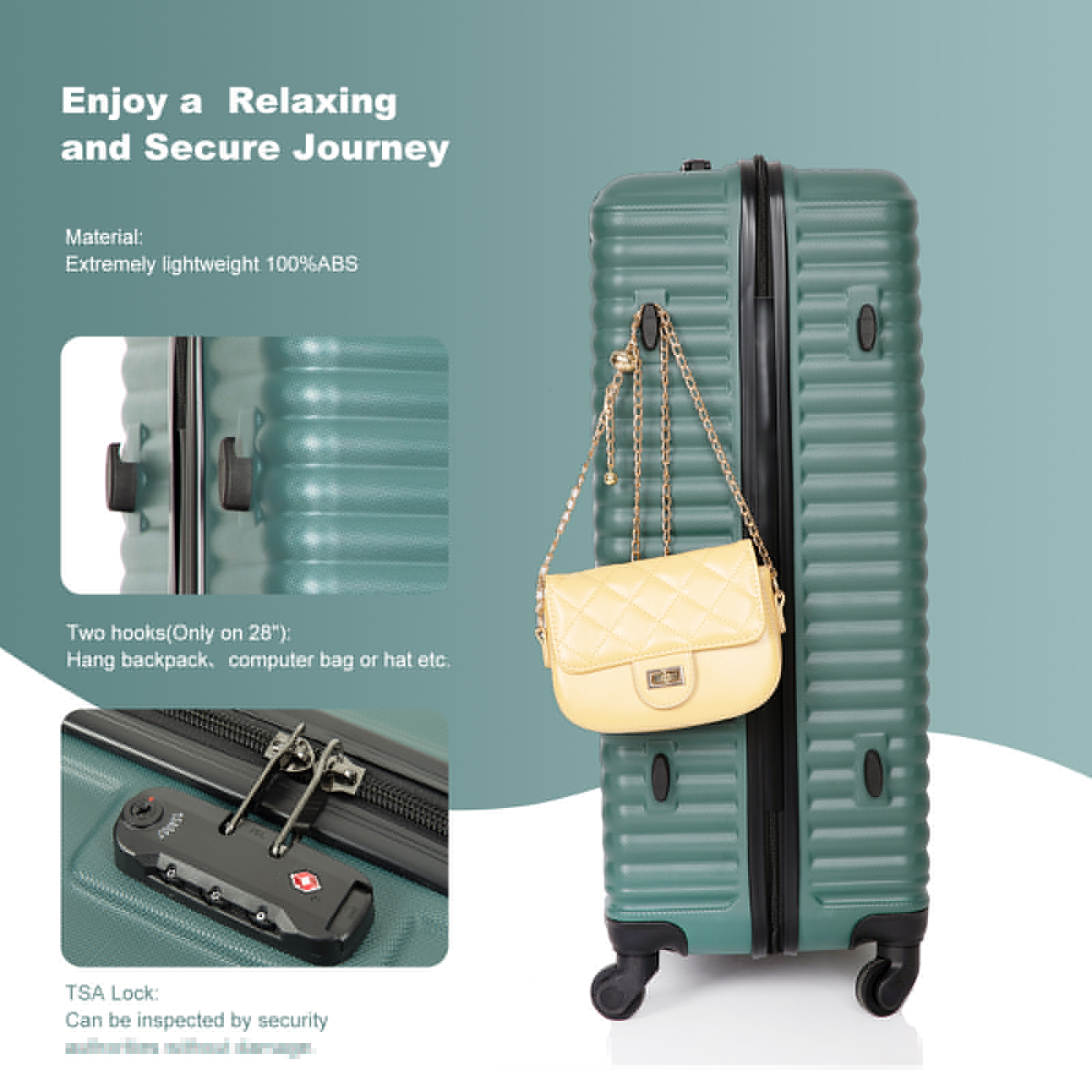 3 Pieces Luggage Sets, Expandable ABS Hardshell Clearance Luggage, Hardside Lightweight Durable Suitcase Sets with Two Hooks, Spinner Wheels and TSA Lock, 20in/24in/28in Travel Suitcase, Turquoise