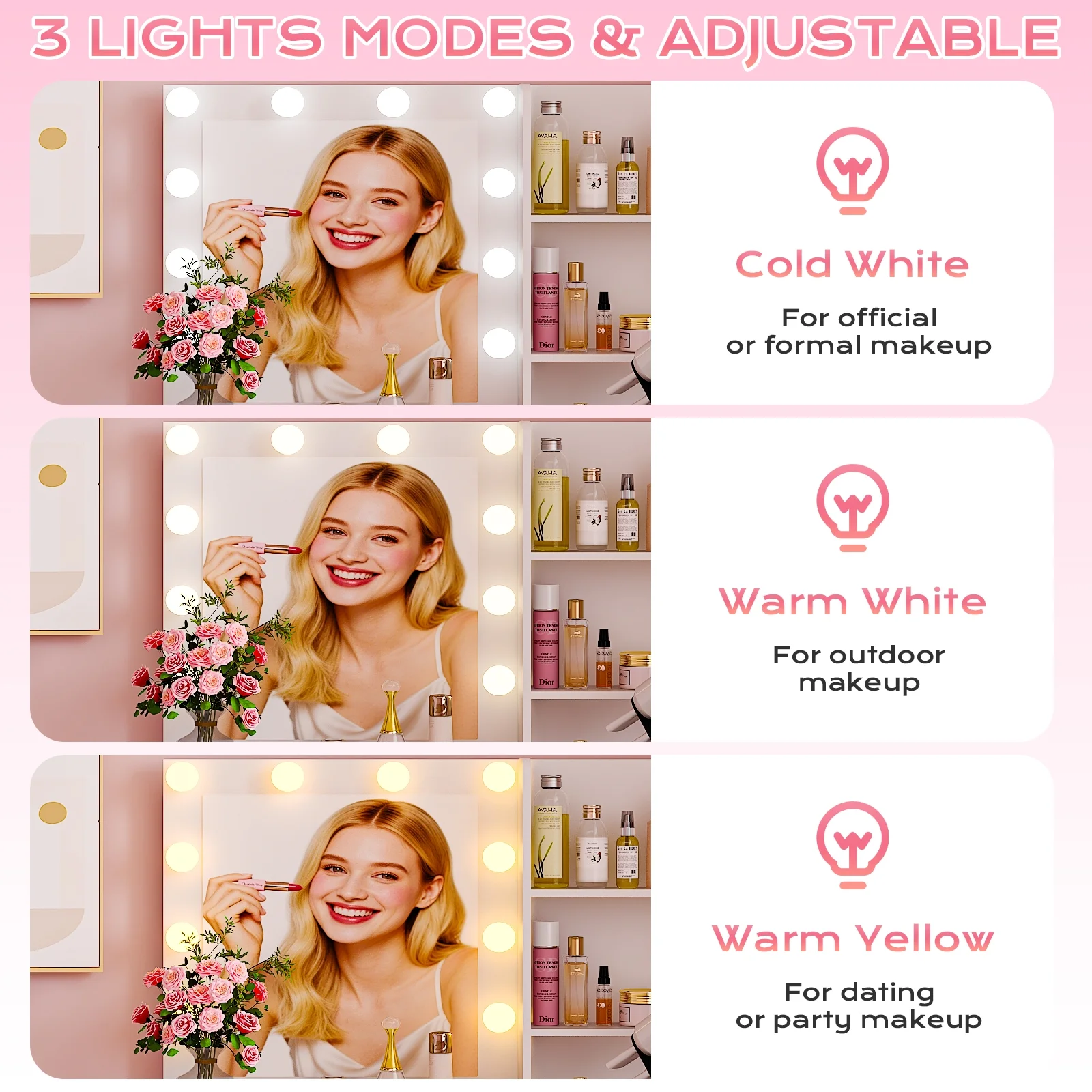 Ktaxon Vanity Set with 3 Color Lighted Mirror, Makeup Table with 3 Storage Shelves & Drawers, Dressing Table Makeup Desk with Stool,White