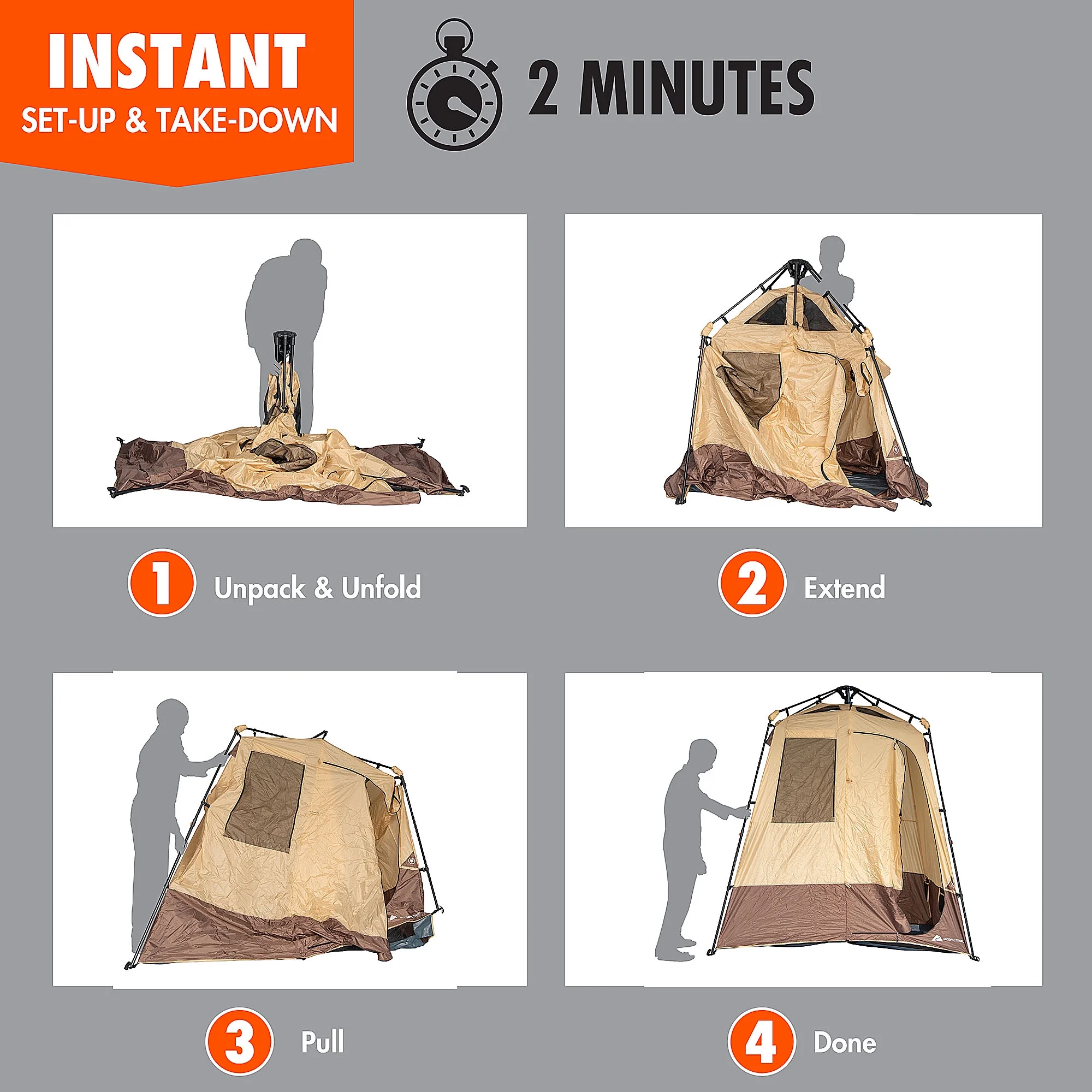 Ozark Trail 2-Room Shower & Utility Tent Combo Includes 5-Gallon Water Container, Easy Setup, Maximum Occupancy Is 2. Khaki Colour.