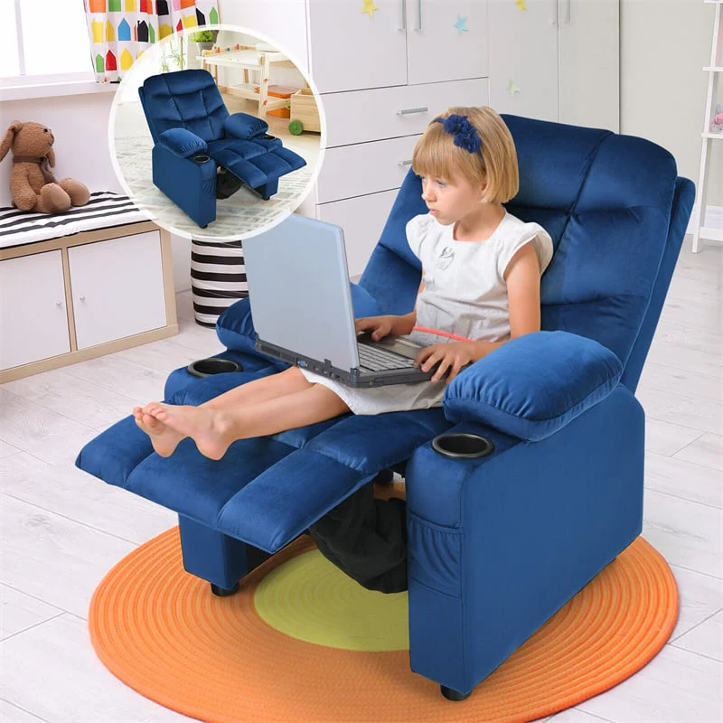 Kids Recliner Chair Adjustable Velvet Lounge Sofa with Cup Holders. 3 Pockets. Retractable Footrest. Toddler Furniture Sofa for Boys Girls Room
