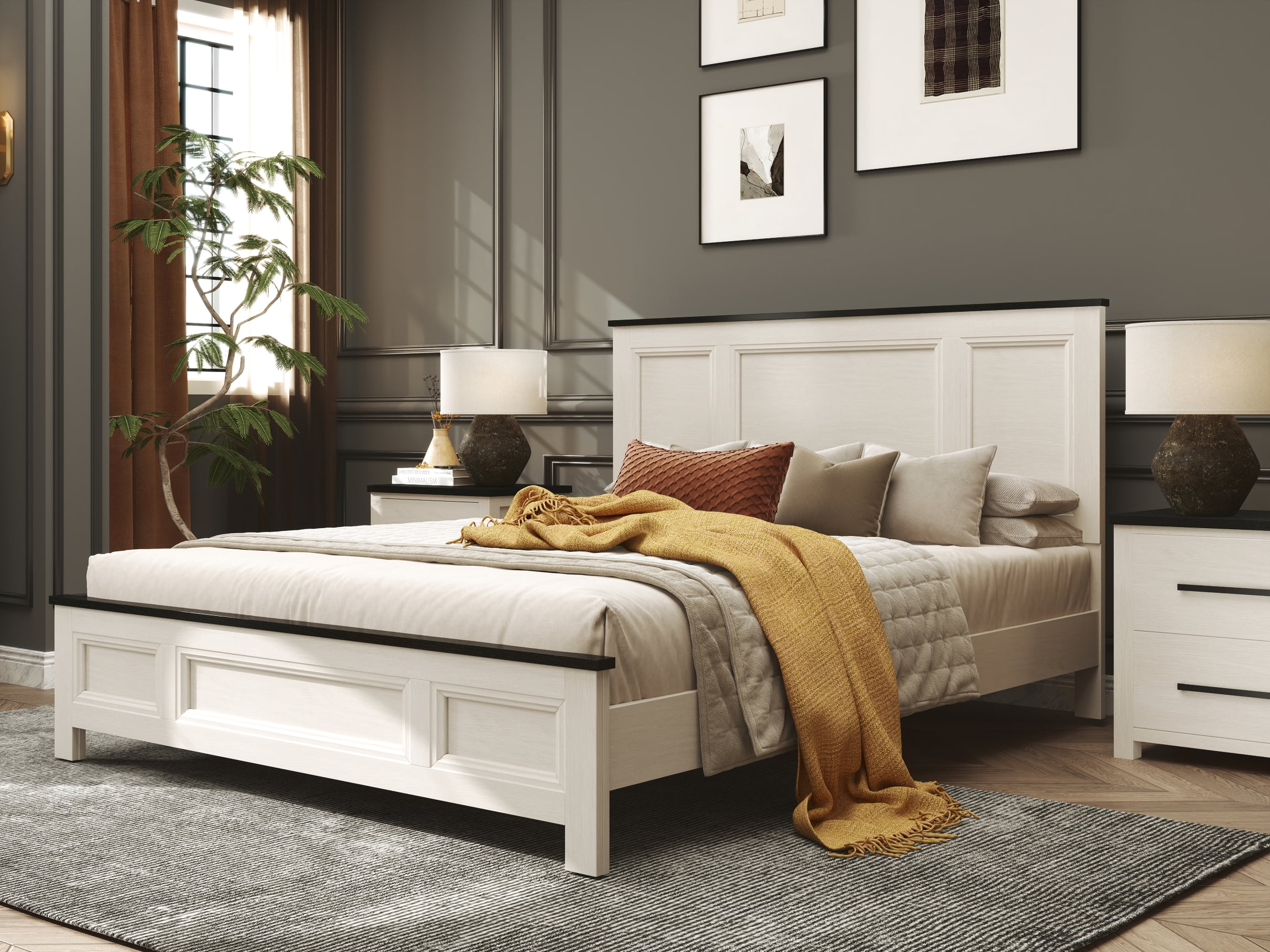 Roundhill Furniture Realynn 3-Pc Bedroom Set, King Panel Bed, 2 Nightstands