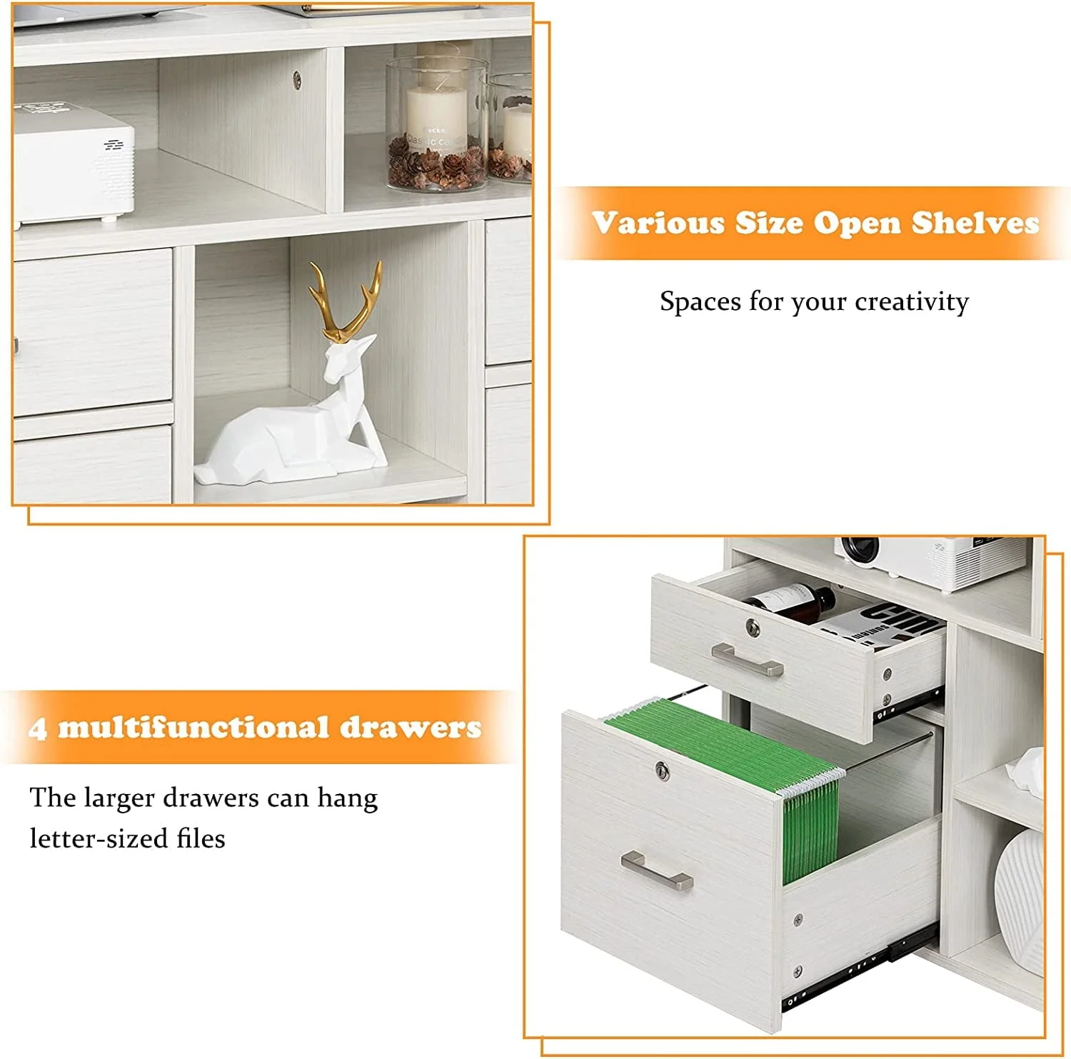 VINGLI Rolling 4-Drawer File Cabinet with Lock and Shelves, Wood Lateral Filling Printer Stand for Home Office, Cream White