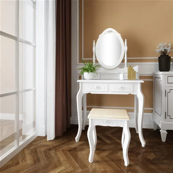 Alvantor Makeup Vanity Desk with Mirror, 4-Drawer Dressing Table with 360�� Rotation Mirror & Stool, White