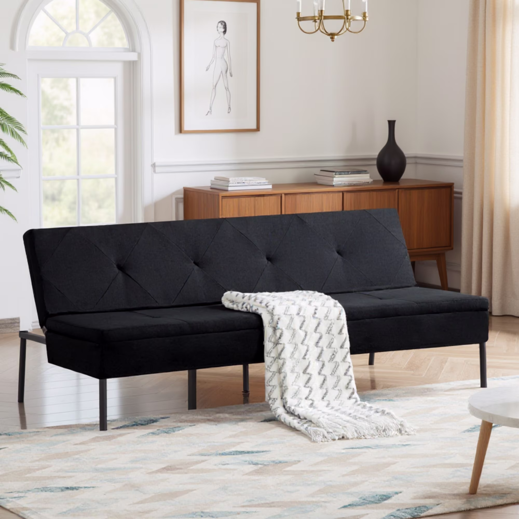 BSHTI 63��Futon Sofa Bed,Upholstered with Polyester Fabric Convertible Sofa Couch for Living Room,Office(Black)