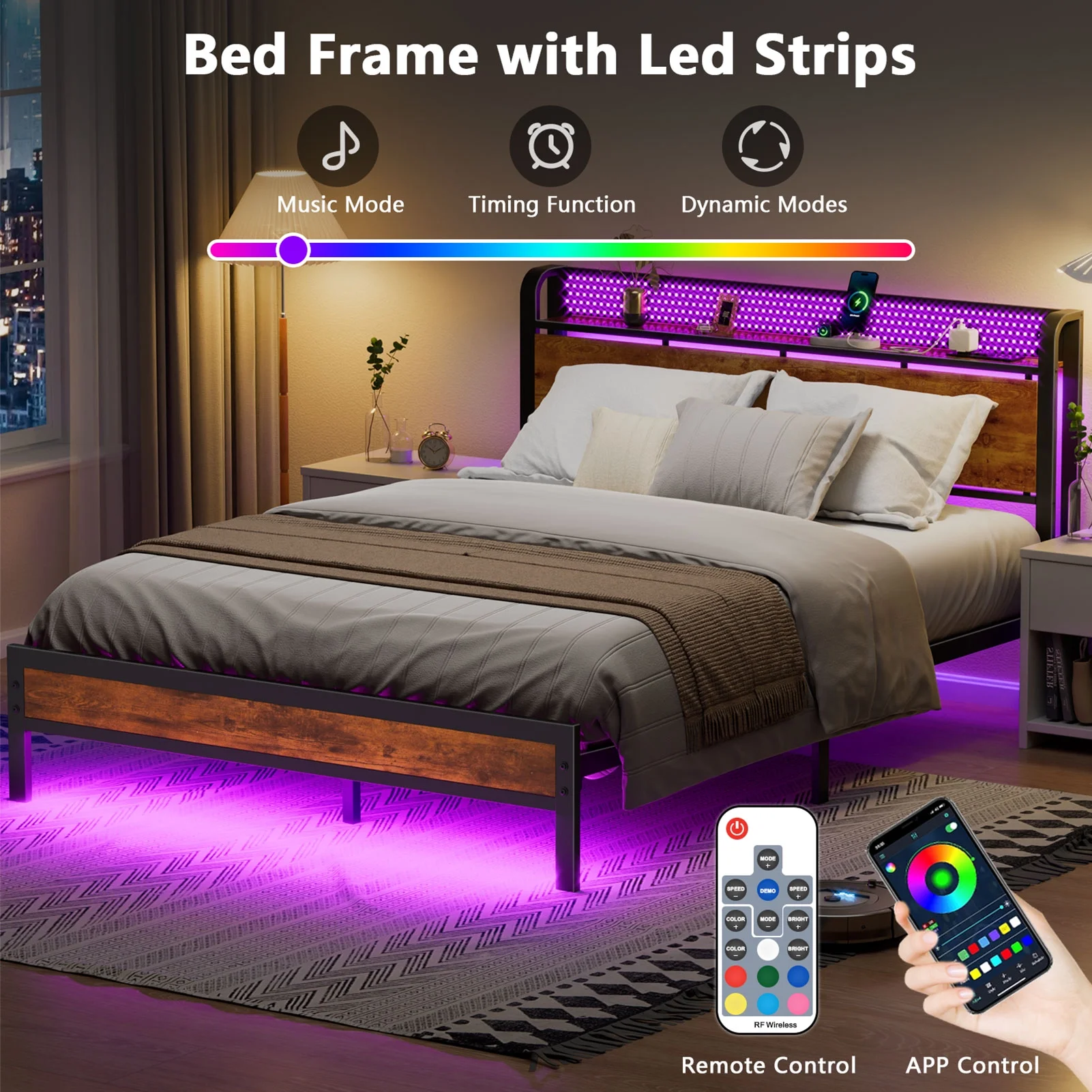 Satifur LED Bed Frame Queen Size with 2 USB Ports and Outlets, Platform Metal Bed Frame, No Box Spring Needed, Noise-Free