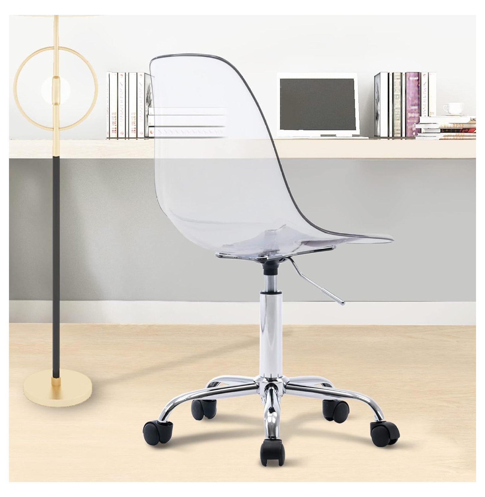 Echoworld Clear Rolling Chair, Armless Desk Chair with Golden Feet Swivel Molded Plastic Shell Adjustable Home Office Chair with Wheels, Clear