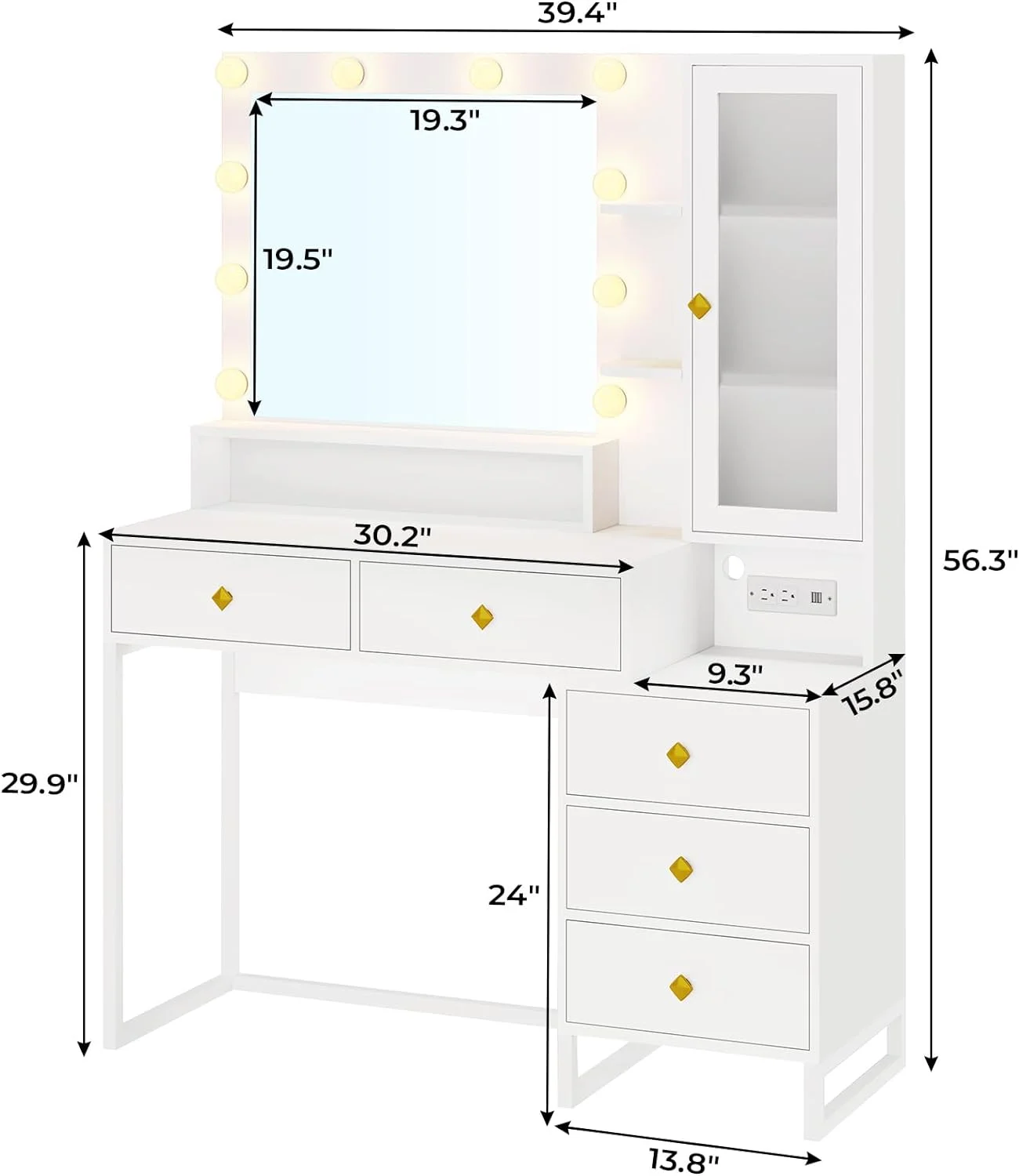 Vanity Desk with LED Lighted Mirror, Makeup Desk with 5 Storage Drawers & 6 Shelves, Vanity Table with Charging Station, Modern Dressing Table with 3 Color Lighting Options, White