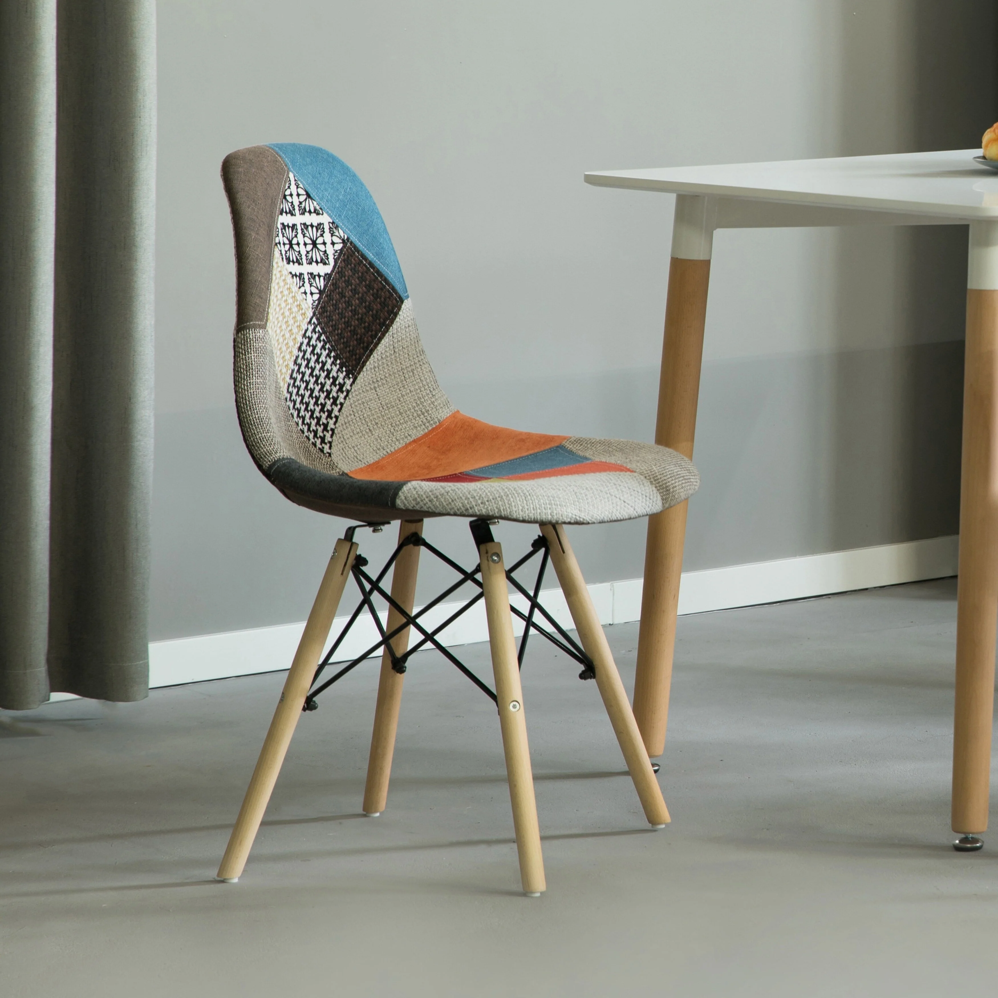 Mid-Century Modern Upholstered Plastic Multicolor Fabric Patchwork DSW Shell Dining Chair with Wooden Dowel Eiffel Legs