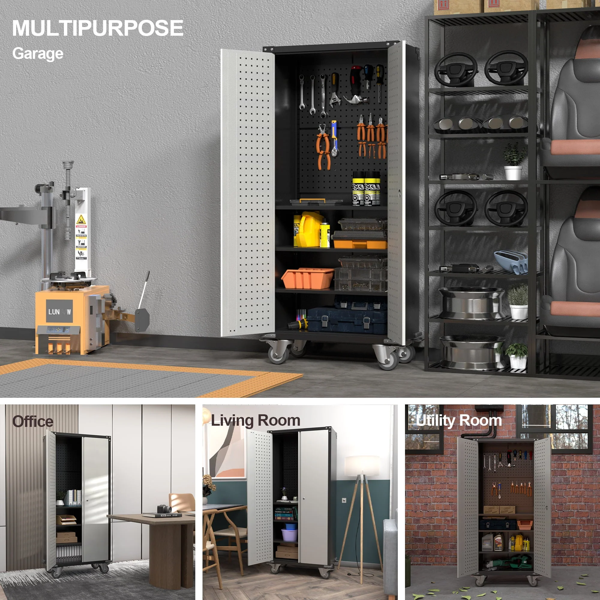 SUPEER Metal Rolling Garage Cabinet, 71'' Tall Industrial Storage Cabinet with Wheels and 4 Adjustable Shelves, Utility Filing Cabinet for Garage, Tool House, Assemble Required