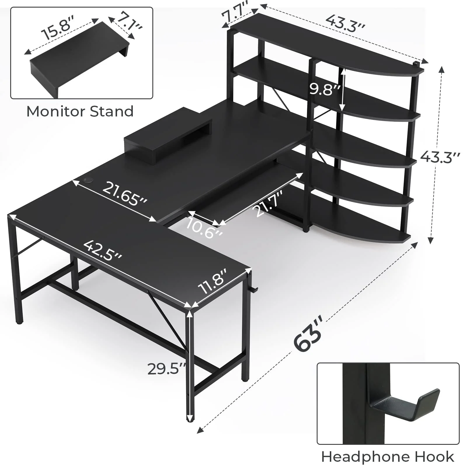 SEDETA  L Shaped Computer Desk, 63'' Corner Gaming Desk, Computer Desk with Storage Shelves, Keyboard Tray, Monitor Stand and Headphone Hook, Gaming Desk with LED Lights, Black