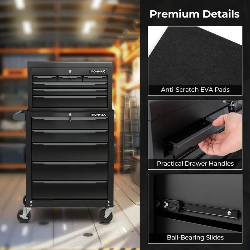 11-Drawer Heavy-Duty Rolling Tool Cabinet – Central Keyed Lock System & Integrated Hanging Storage
