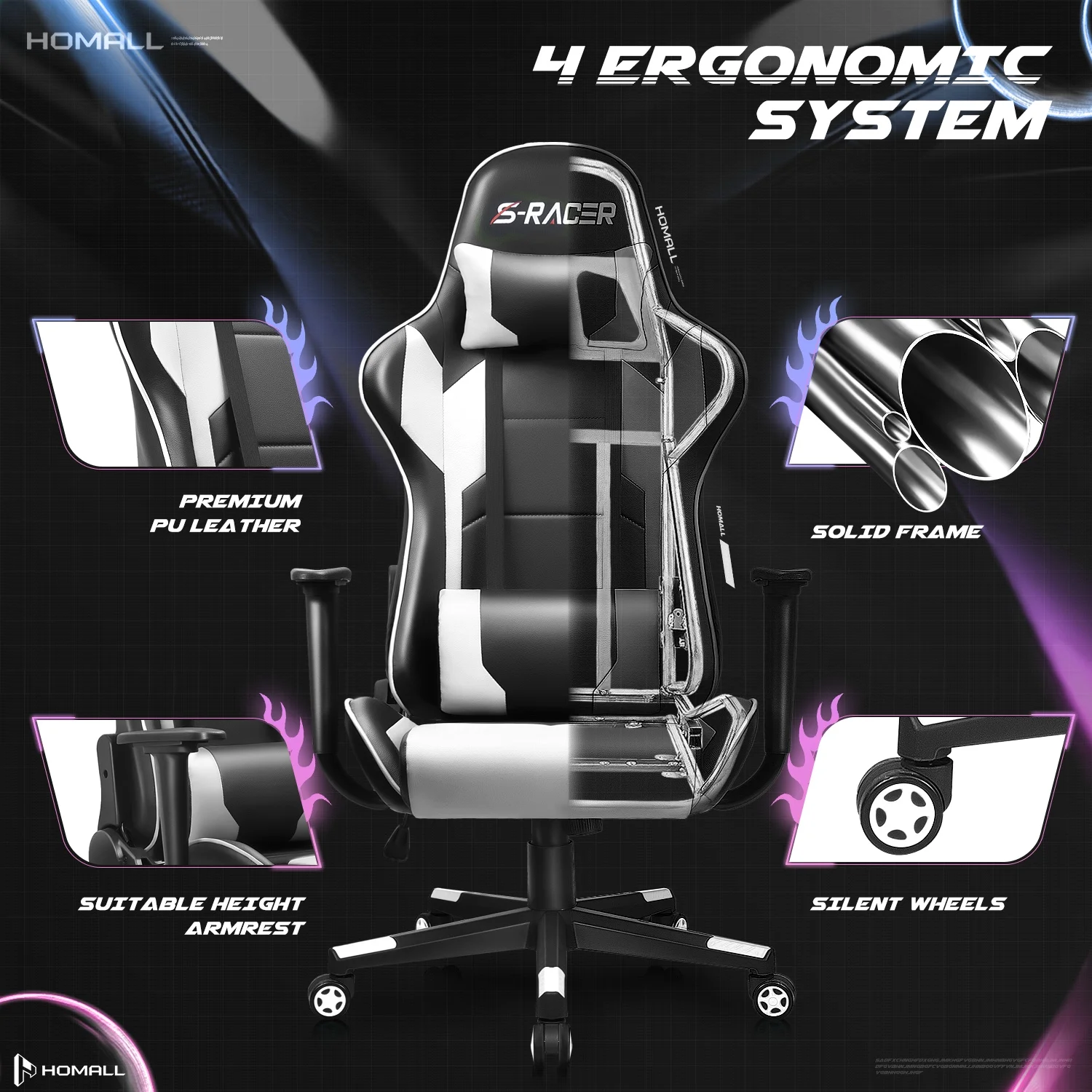 Homall Gaming Chair Office Chair High Back Computer Chair Leather Desk Chair Racing Executive Ergonomic Adjustable Swivel Task Chair with Headrest and Lumbar Support, Purple