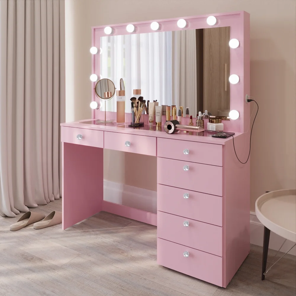 Ember Interiors Modern Large Greige Makeup Vanity Desk with Built-in Lights, Power Outlet with USB Type-C, Glass Top, 7 Drawers and Crystal Knobs