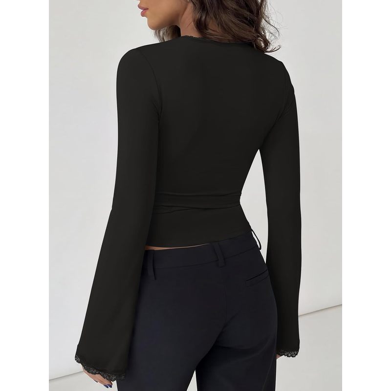 Sexy Going Out Lace Wrap Tops for Women Bell Long Sleeve Top