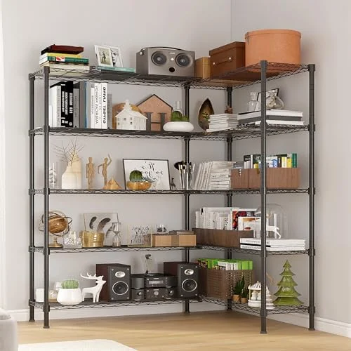 Tier Storage Shelves Standing Shelf Units NSF Wire Garage Organizer Heavy Duty Garage Shelving Unit L Shaped Clothes Rack for Corner Laundry Bathroom Kitchen Pantry Closet (Black, 4 Tire)