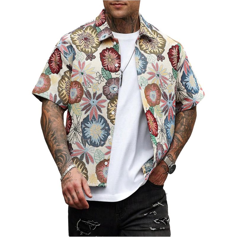 Men's Floral Button Down Shirt Casual Vintage