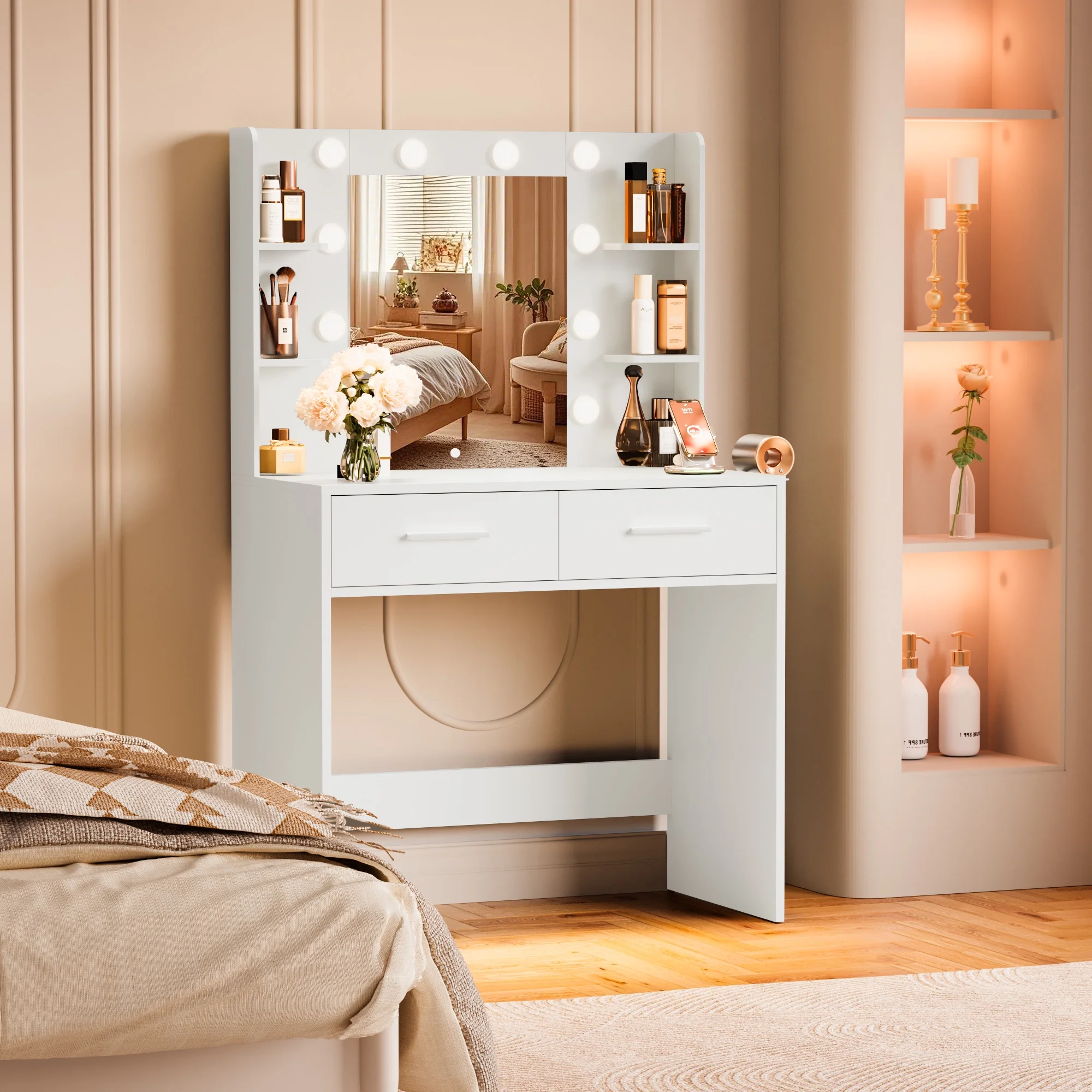 Furmax Makeup Vanity Table and Chair Set with 3 Modes Adjustable Lights and Mirror Vanity Desk with Shelves and Drawer, White