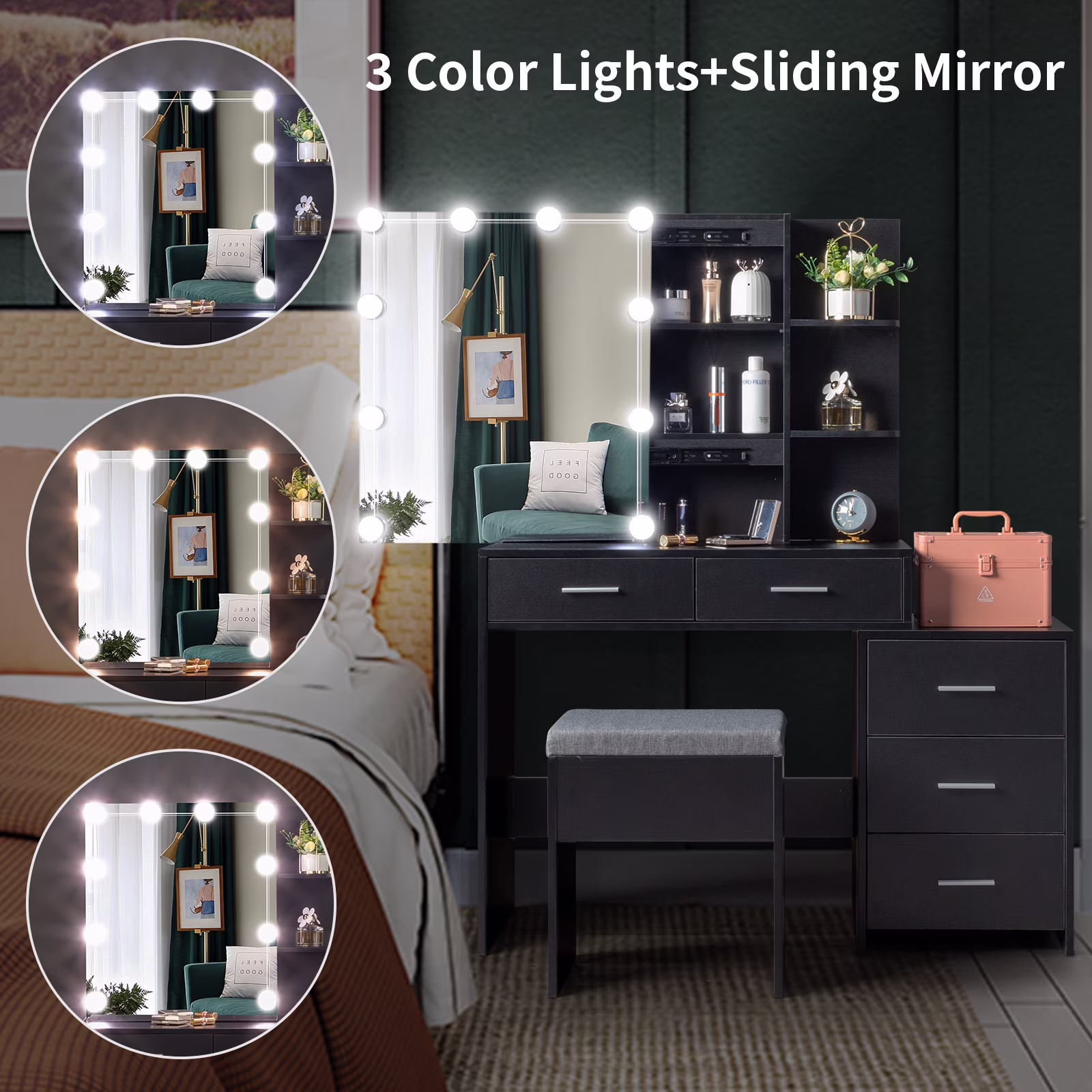 Ktaxon Flutted Makeup Vanity Table Set with 5 Drawer, Dressing Table w/Charging Station, Vanity Desk for Femal Gift, White
