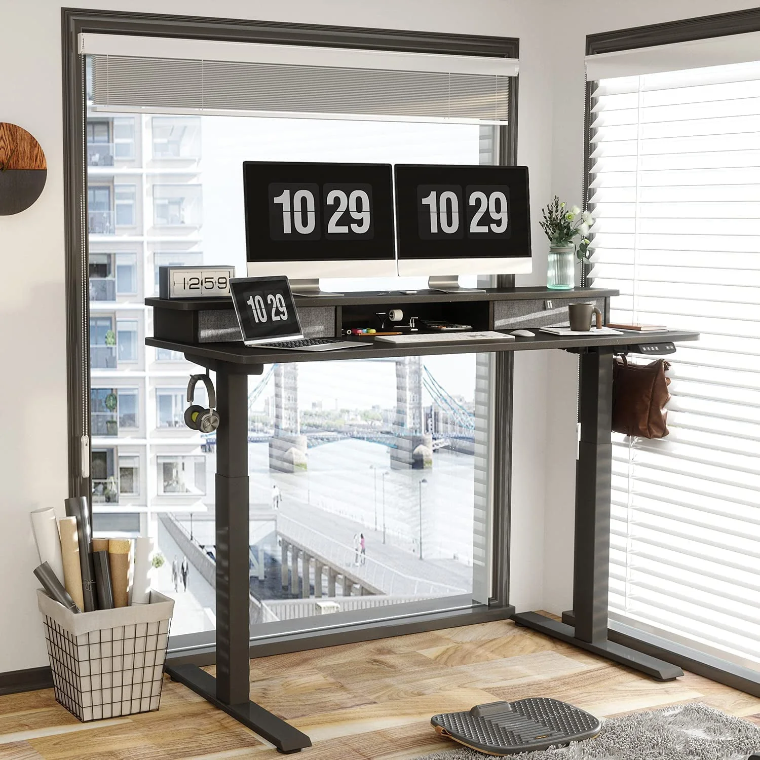 Fezibo Height Adjustable Electric Standing Desk with Drawers and Storage Shelf, Sit Stand Desk with Splice Board, Black Finish, 55