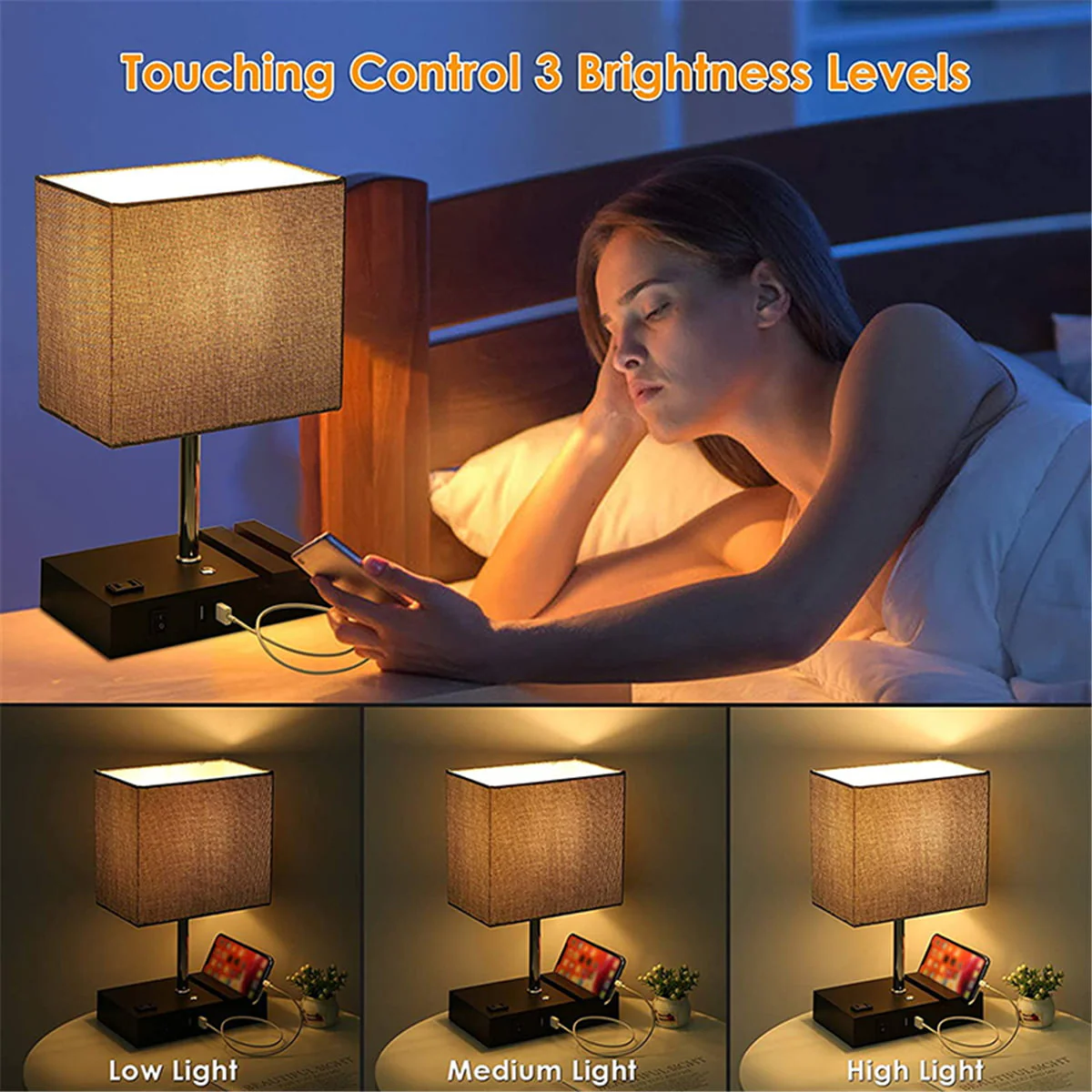 Touch Control Table Lamp with 2 USB Charging Ports, 1 AC Outlets and 2 Phone Stands, Modern USB Desk Lamp with Black Wooden Base and Grey Shade Suitable for Bedroom, Living Room