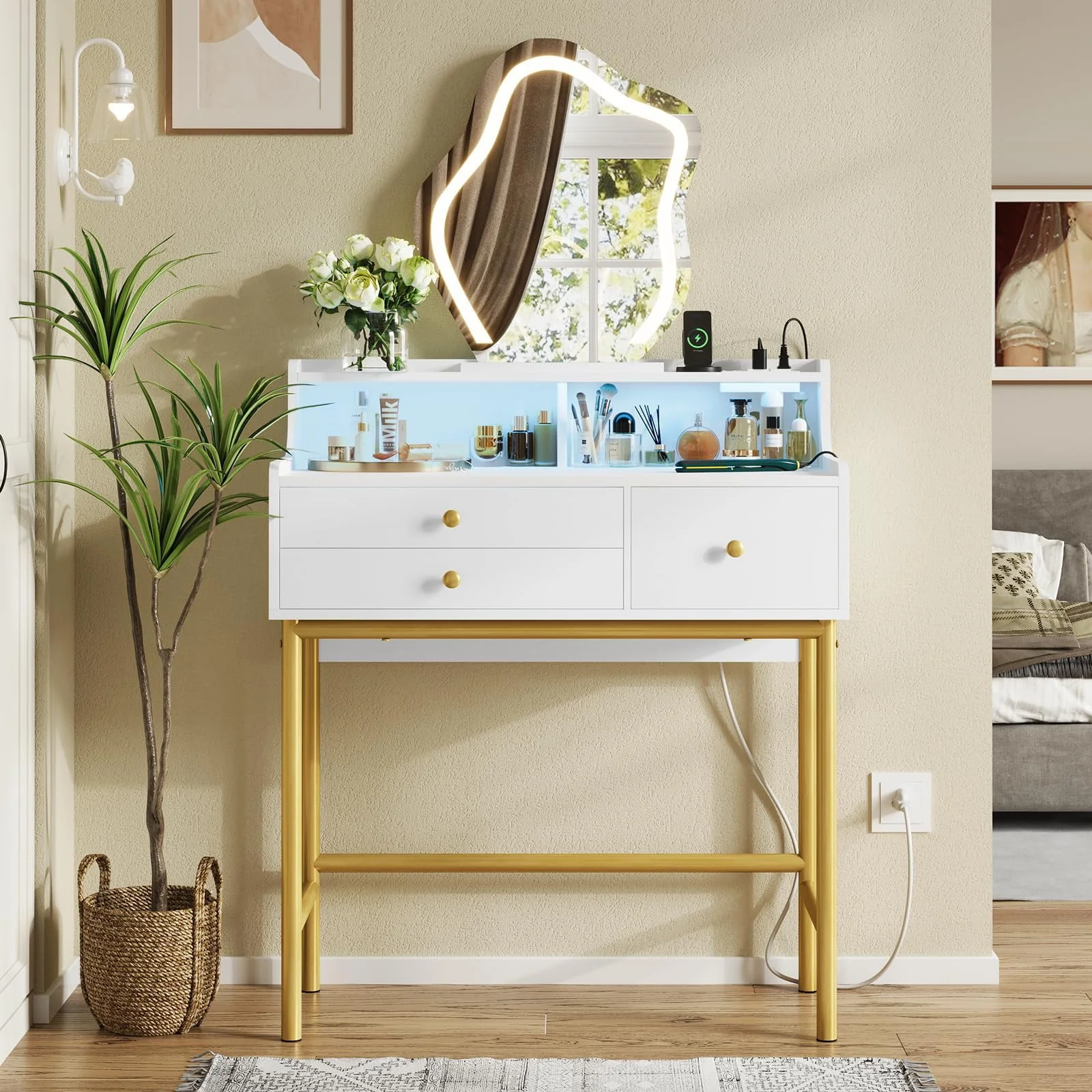 Tiptiper Makeup Vanity with Lights and Charging Station, Vanity Desk with 3-Color Touch Screen Lighted Mirror, White