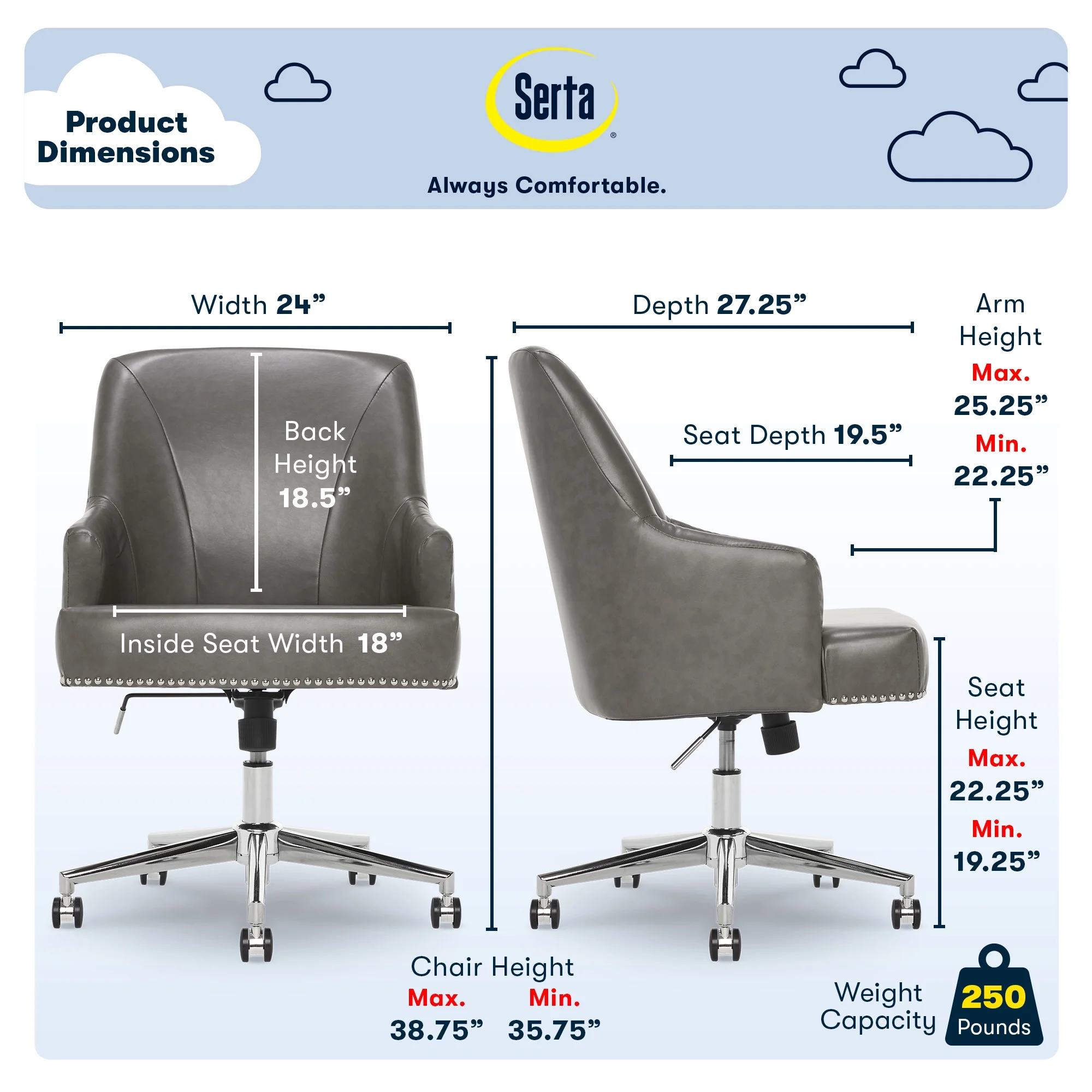 Serta Leighton Home Office Desk Chair Chrome Nailheads Twill Fabric Lilac Purple