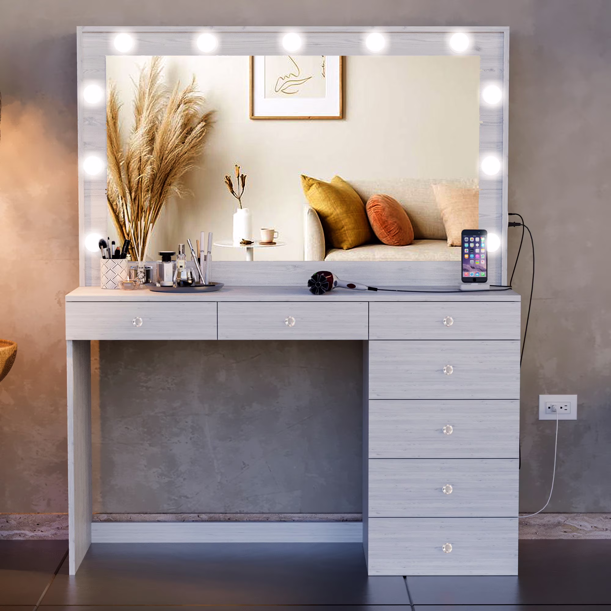 Ember Interiors Peggy Vanity Desk with Lighted Mirror and USB Ports