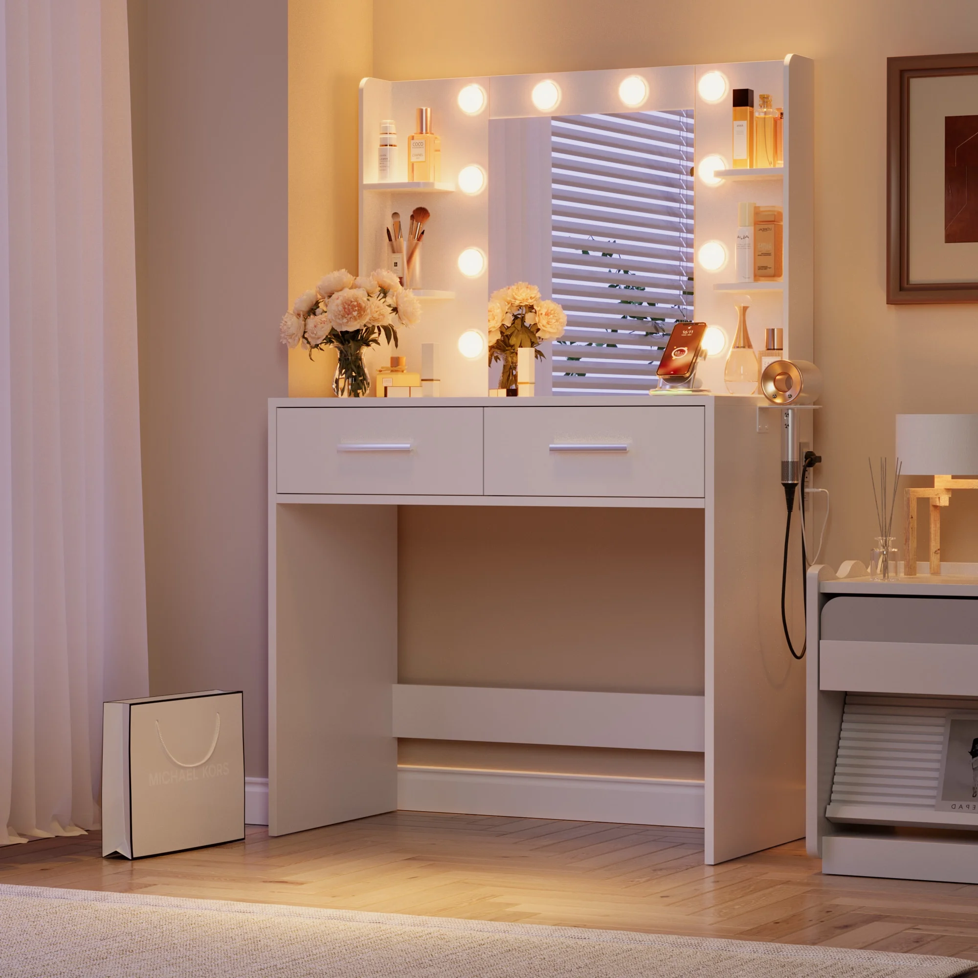 Furmax Makeup Vanity Table and Chair Set with 3 Modes Adjustable Lights and Mirror Vanity Desk with Shelves and Drawer, White