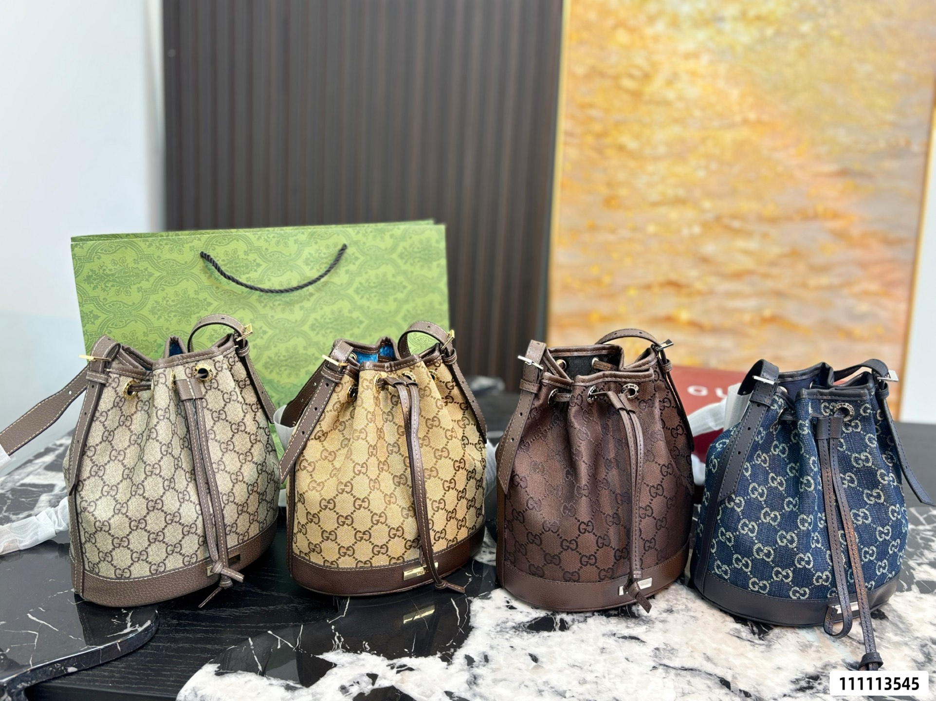 Gucci Monogram Drawstring Bucket Bag