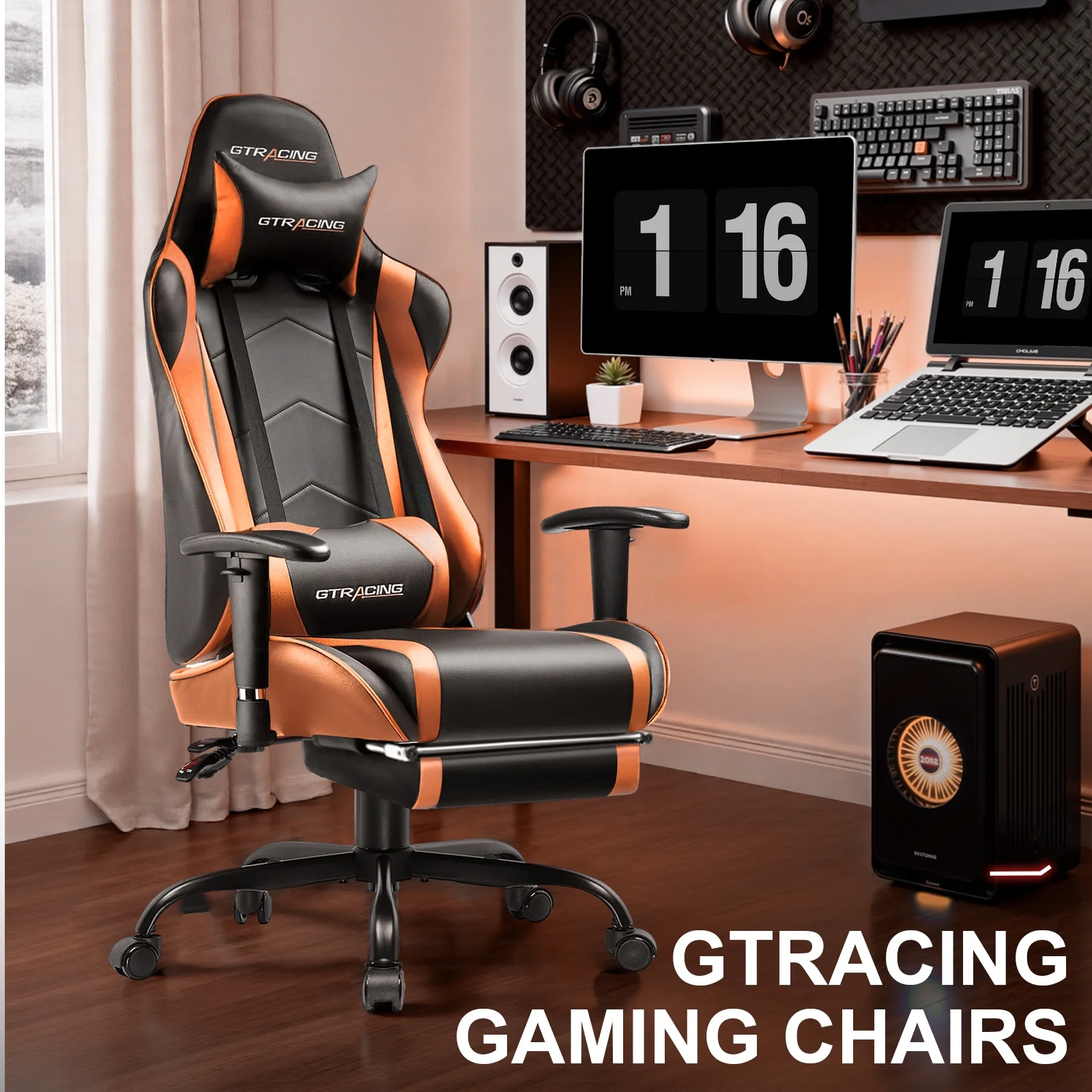 GTRACING Gaming Chair, Ergonomic Office Desk Chair with Lumbar Support, PU Leather, Footrest & Adjustable Headrest, Red