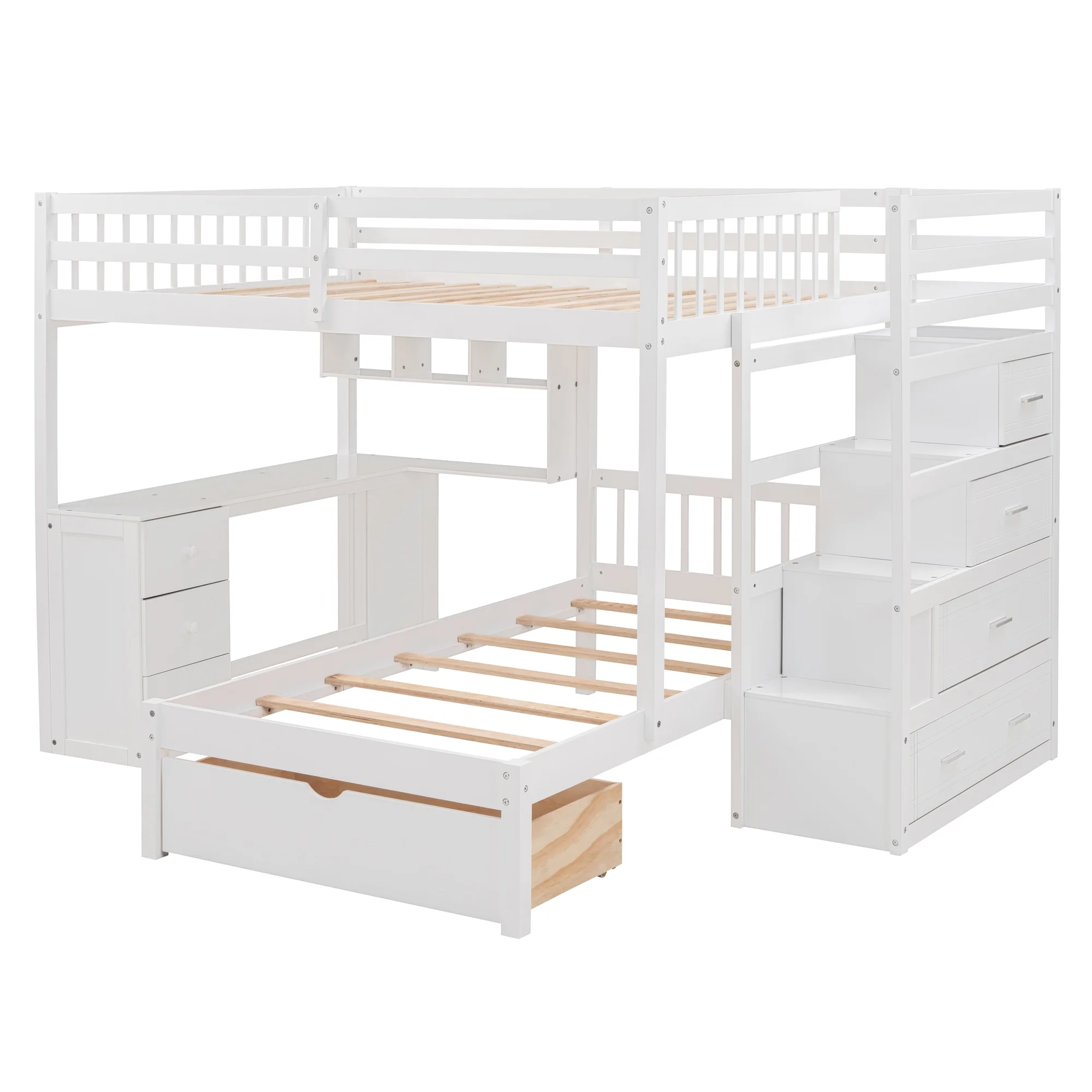 Harper & Bright Designs Full Over Twin Bunk Bed with Desk, Drawers and Shelves, L-Shaped Bunkbeds with Storage Staircase for Adults Bedroom, White