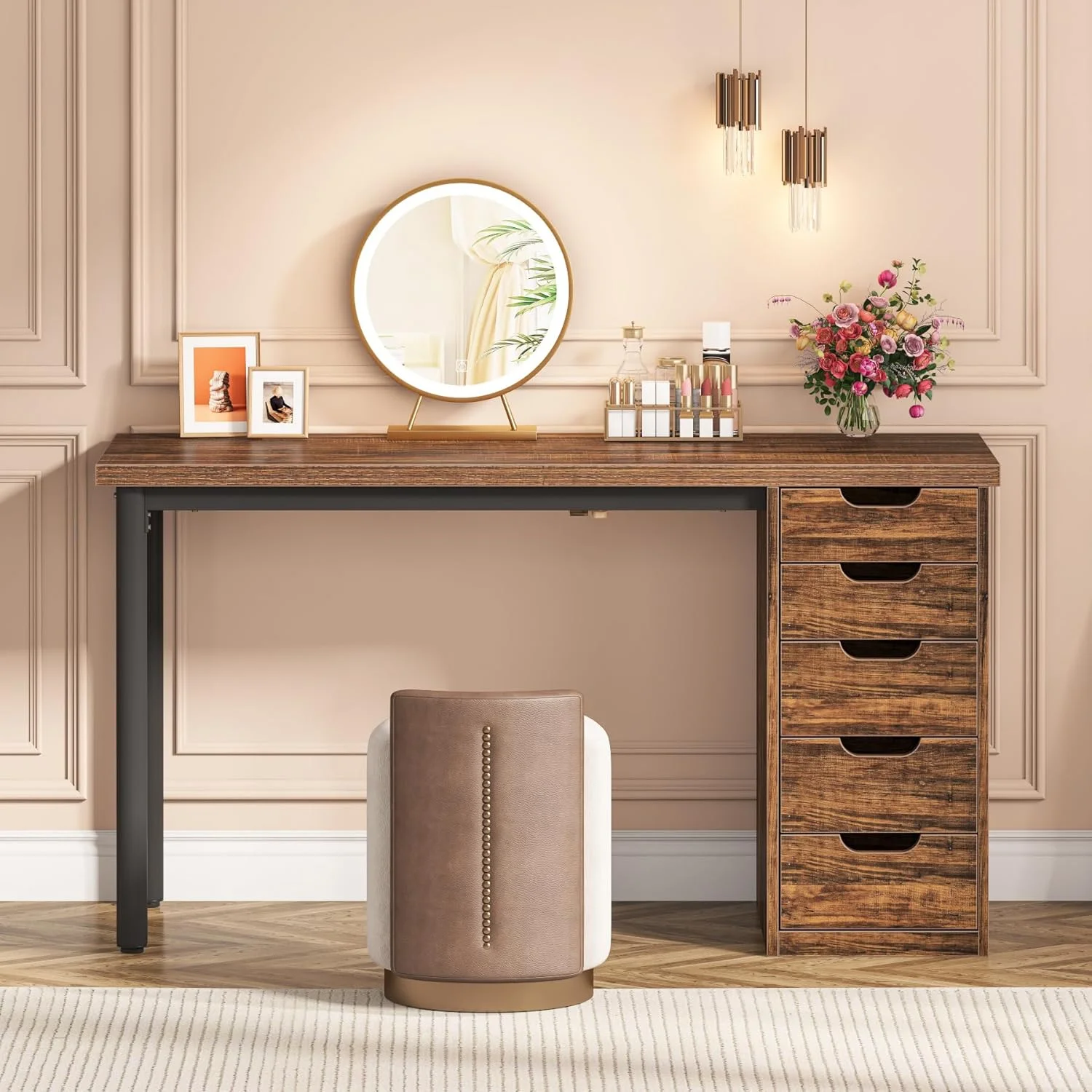 Tribesigns 47 inches Vanity Desk with 5 Drawers, Rustic Makeup Dressing Table with Storage, Modern Simple Computer Desk for Women, Girls (Brown)