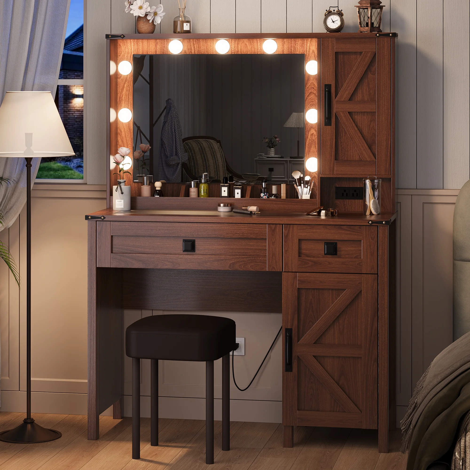 GIKPAL Makeup Vanity, Vanity Desk with Mirror & Glass Top, Farmhouse Vanity with Lights, Charging Station and Drawers, Rustic White