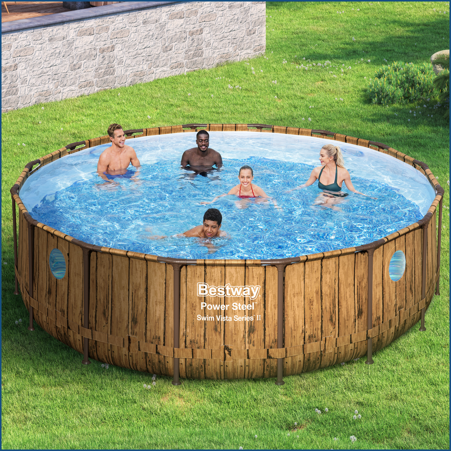 Power Steel™ Swim Vista Series™ Frame Pool Complete set with filter pump Ø 488 x 122 cm, wood printing (pine), round