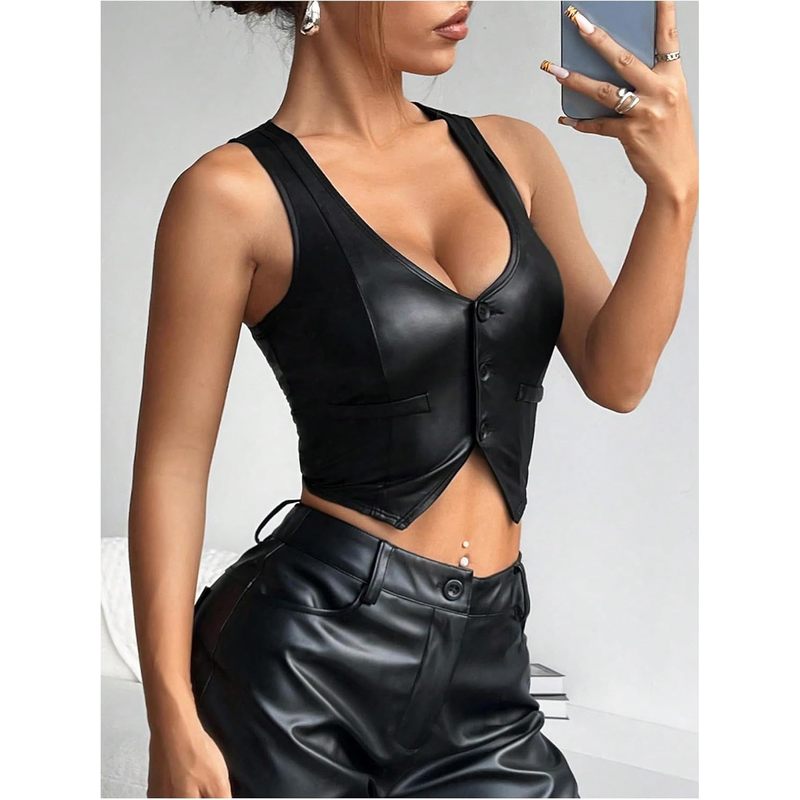 Women's Sleeveless V Neck Button Front Faux