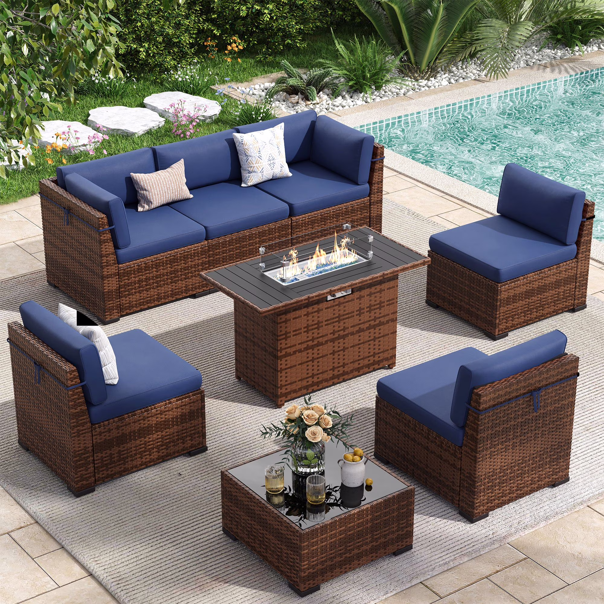 Poteban 7 Pieces Outdoor Sectional Sofa Set , PE Wicker Rattan Slanted Back Outdoor Conversation with Cushions and Glass Coffee Table for Backyard Garden, Dark Gray