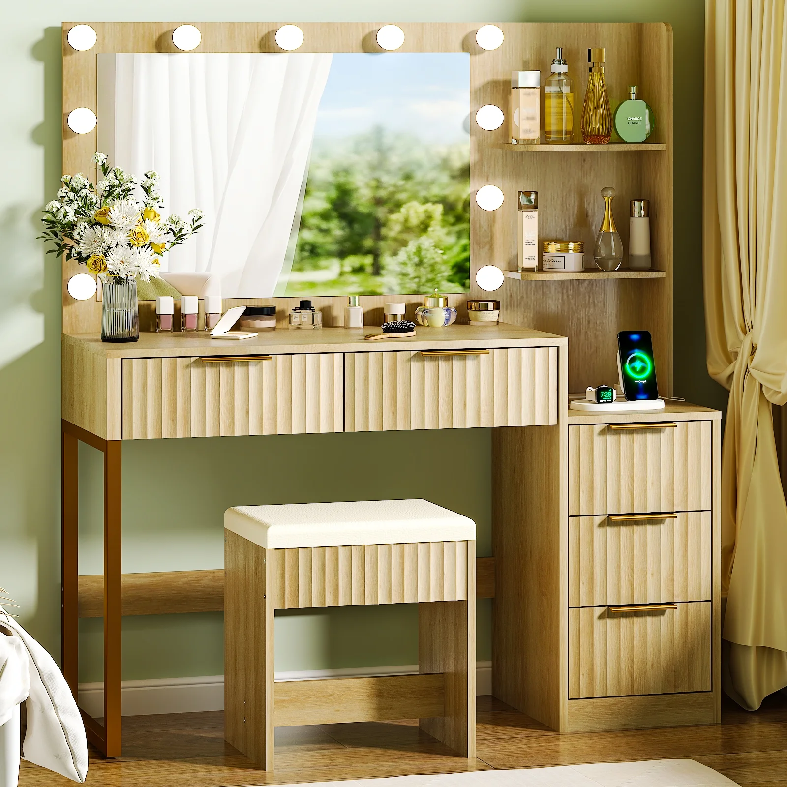 Ktaxon Flutted Makeup Vanity Table Set with 5 Drawer, Dressing Table w/Charging Station, Vanity Desk for Femal Gift, White
