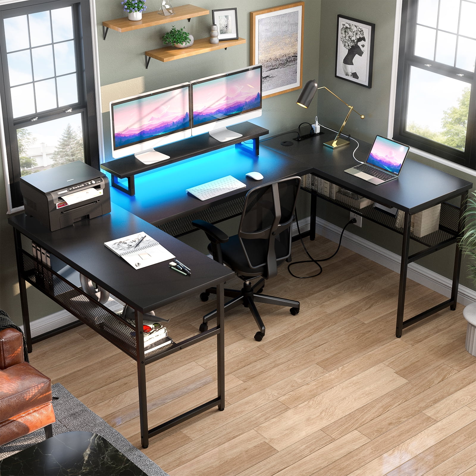 Homieasy U Shaped Desk with Power Outlet and LED Strips, 129.9'' Ergonomic L-Shaped Gaming Desk with Monitor Stand, Reversible Corner Computer Desk with Storage Shelf for Home Office, White Oak