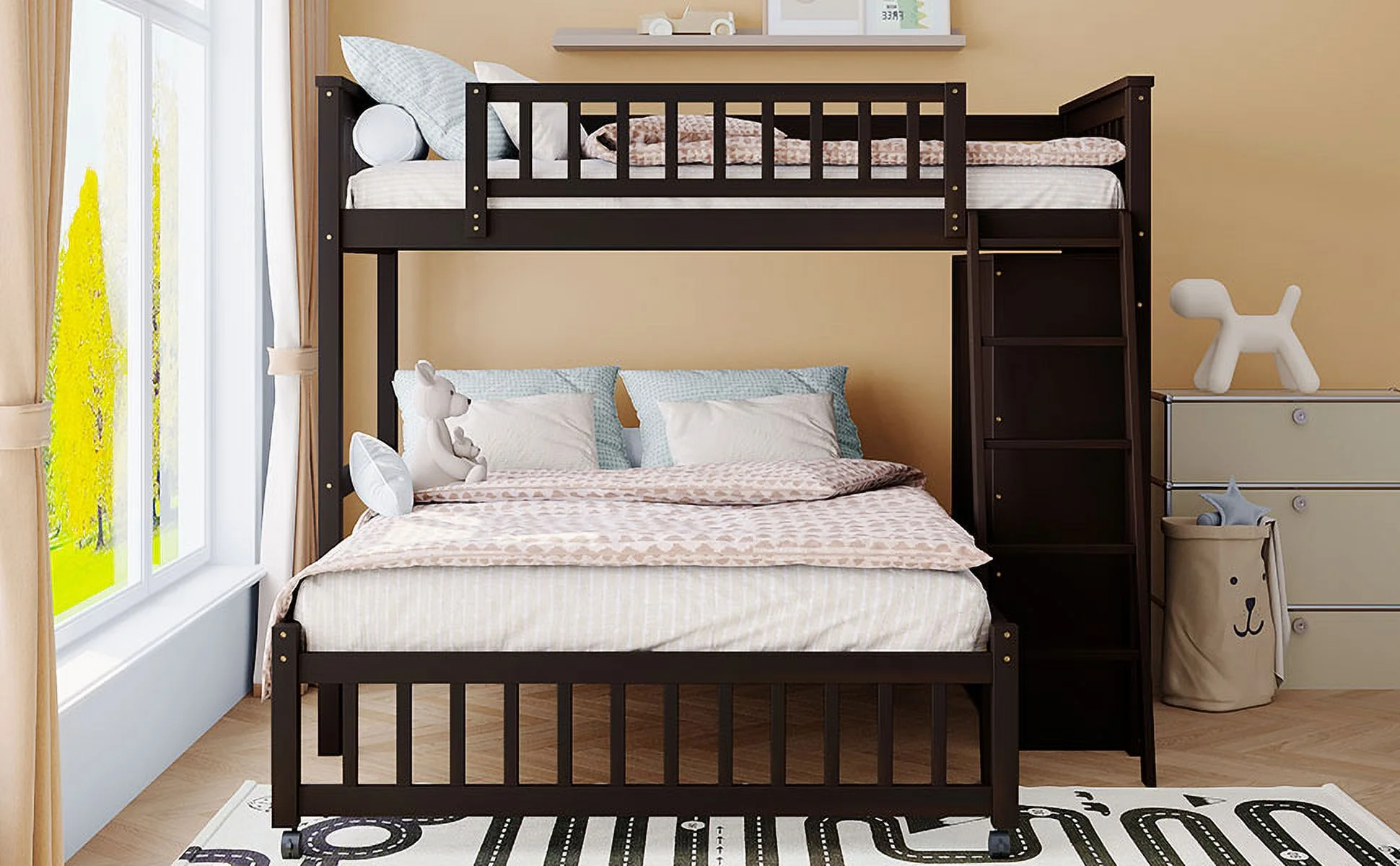 Harper & Bright Designs Full Over Twin Bunk Bed with Desk, Drawers and Shelves, L-Shaped Bunkbeds with Storage Staircase for Adults Bedroom, White