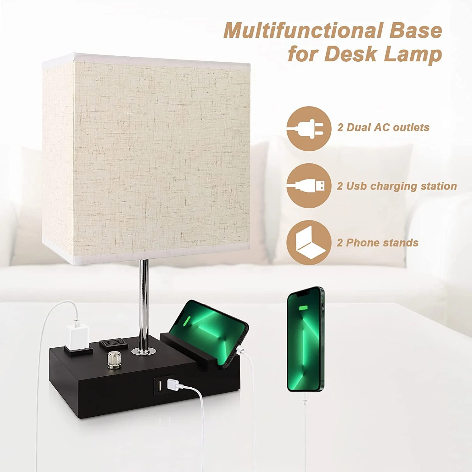 Bedside Table Lamp for Bedroom with Dual Fast USB Charging Ports, Fully Dimmable Nightstand Lamps with 2 Phone Stands and 2 Charging Outlets, Desk lamp with Fabric Shade for Living Room
