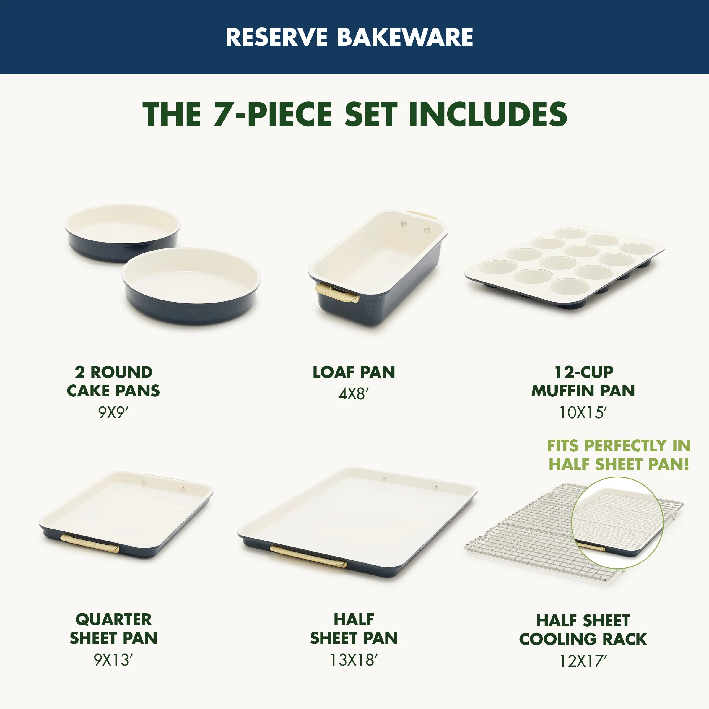 GreenPan Bakeware Set, 7 Piece Nonstick Ceramic Baking Sheets, Cake Pans, Loaf Pan, Muffin Tin, Cooling Rack, Green