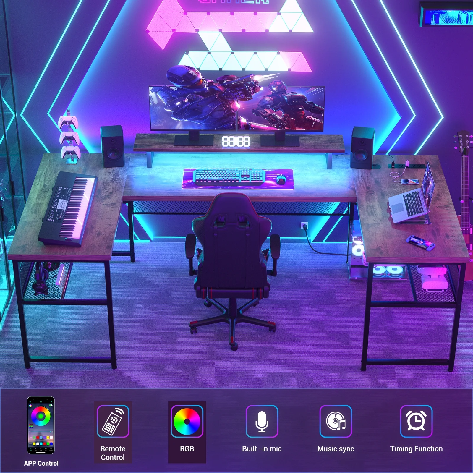 Homieasy U Shaped Desk with Power Outlet and LED Strips, 129.9'' Ergonomic L-Shaped Gaming Desk with Monitor Stand, Reversible Corner Computer Desk with Storage Shelf for Home Office, White Oak