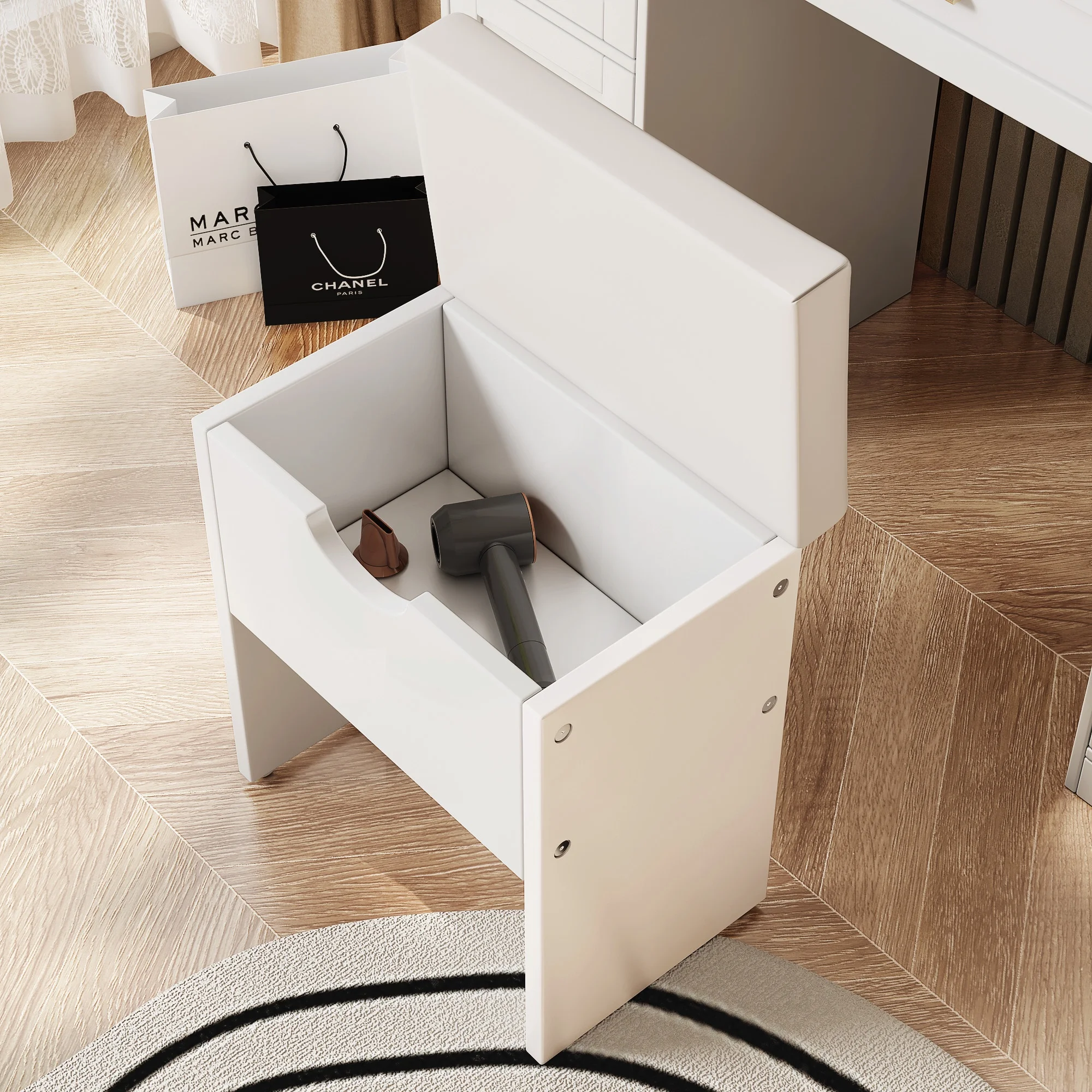 PORKISS Makeup Vanity with Mirror, Vanity Desk Set with 3 Colors Lights, Charging Station and Cushioned Storage Stool, Modern Dressing Table with 5 Drawers and 4 Cabinets for Bedroom, White