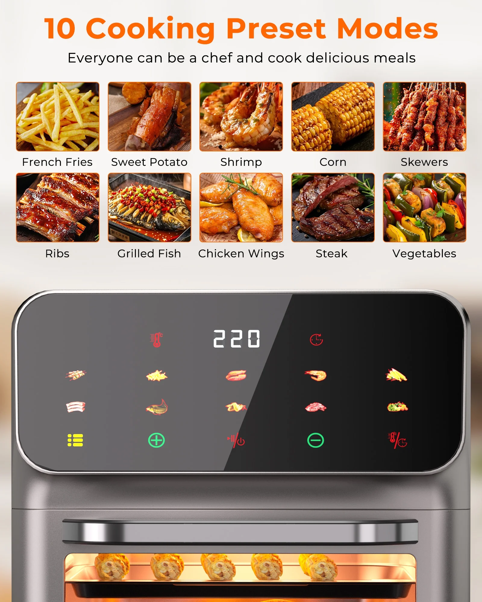 Casualife Air Fryer Oven 12 Qt Max 400F for Cooking, 10 Presets Fry Touch Panel Easy View Window, New Black