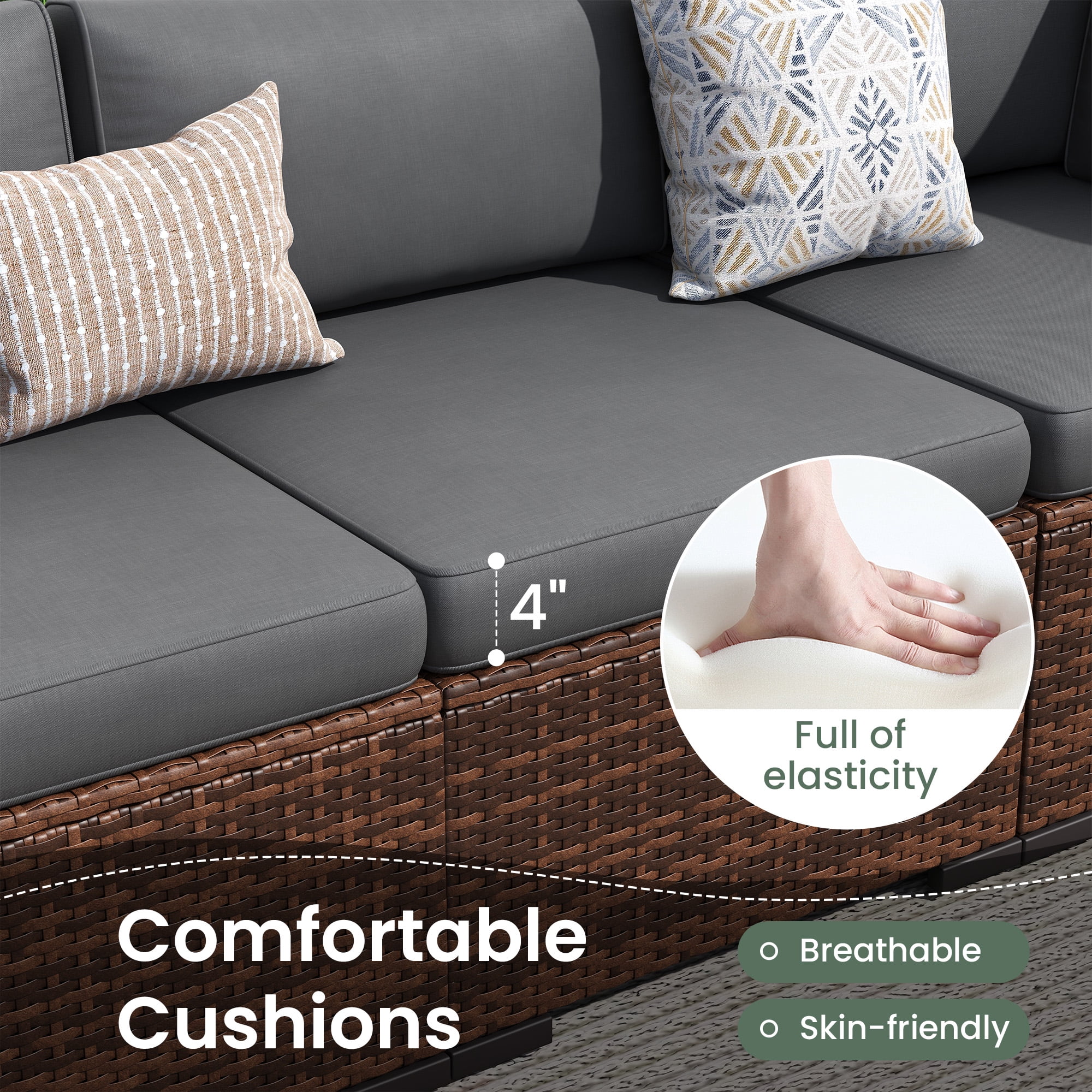 Poteban 7 Pieces Outdoor Sectional Sofa Set , PE Wicker Rattan Slanted Back Outdoor Conversation with Cushions and Glass Coffee Table for Backyard Garden, Dark Gray