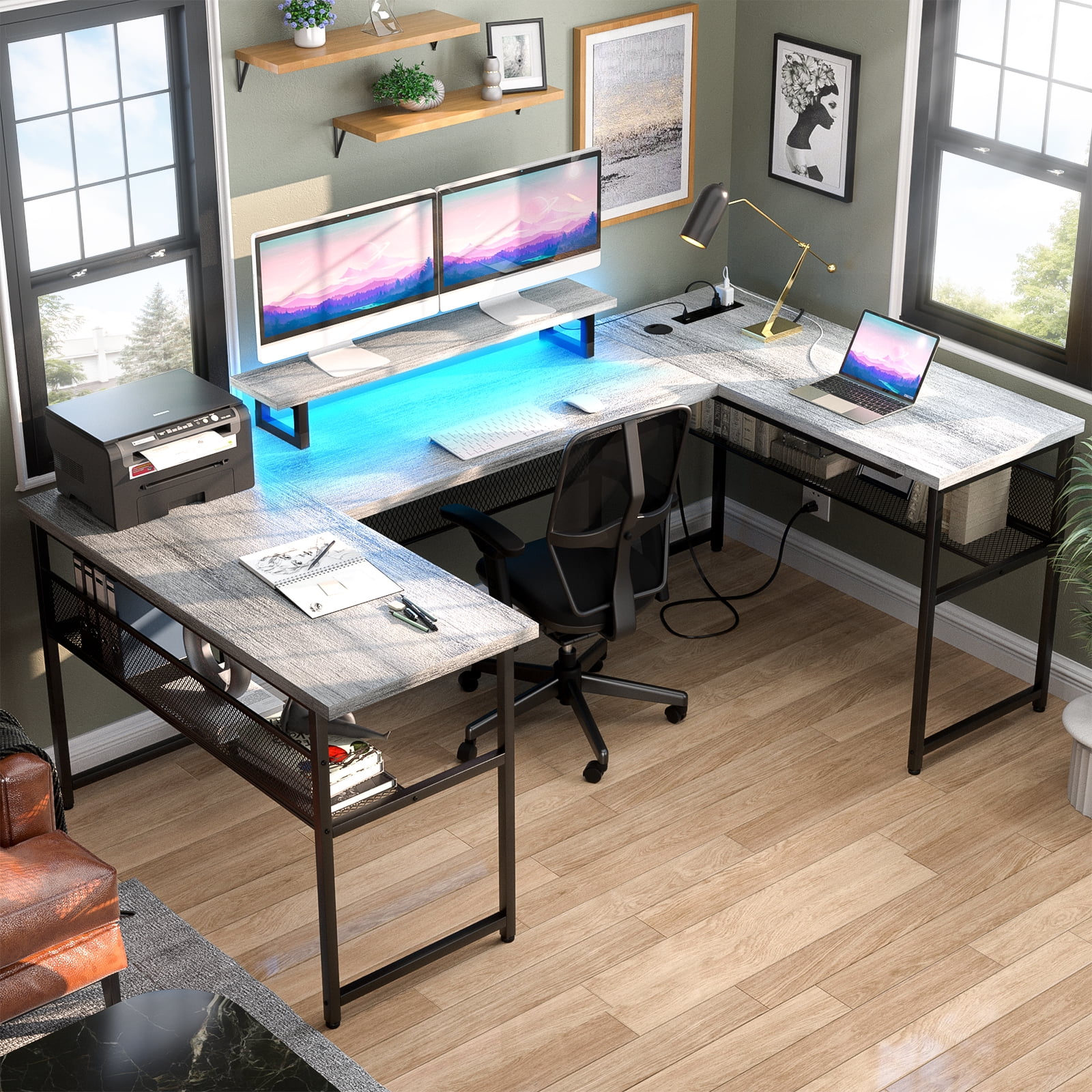 Homieasy U Shaped Desk with Power Outlet and LED Strips, 129.9'' Ergonomic L-Shaped Gaming Desk with Monitor Stand, Reversible Corner Computer Desk with Storage Shelf for Home Office, White Oak